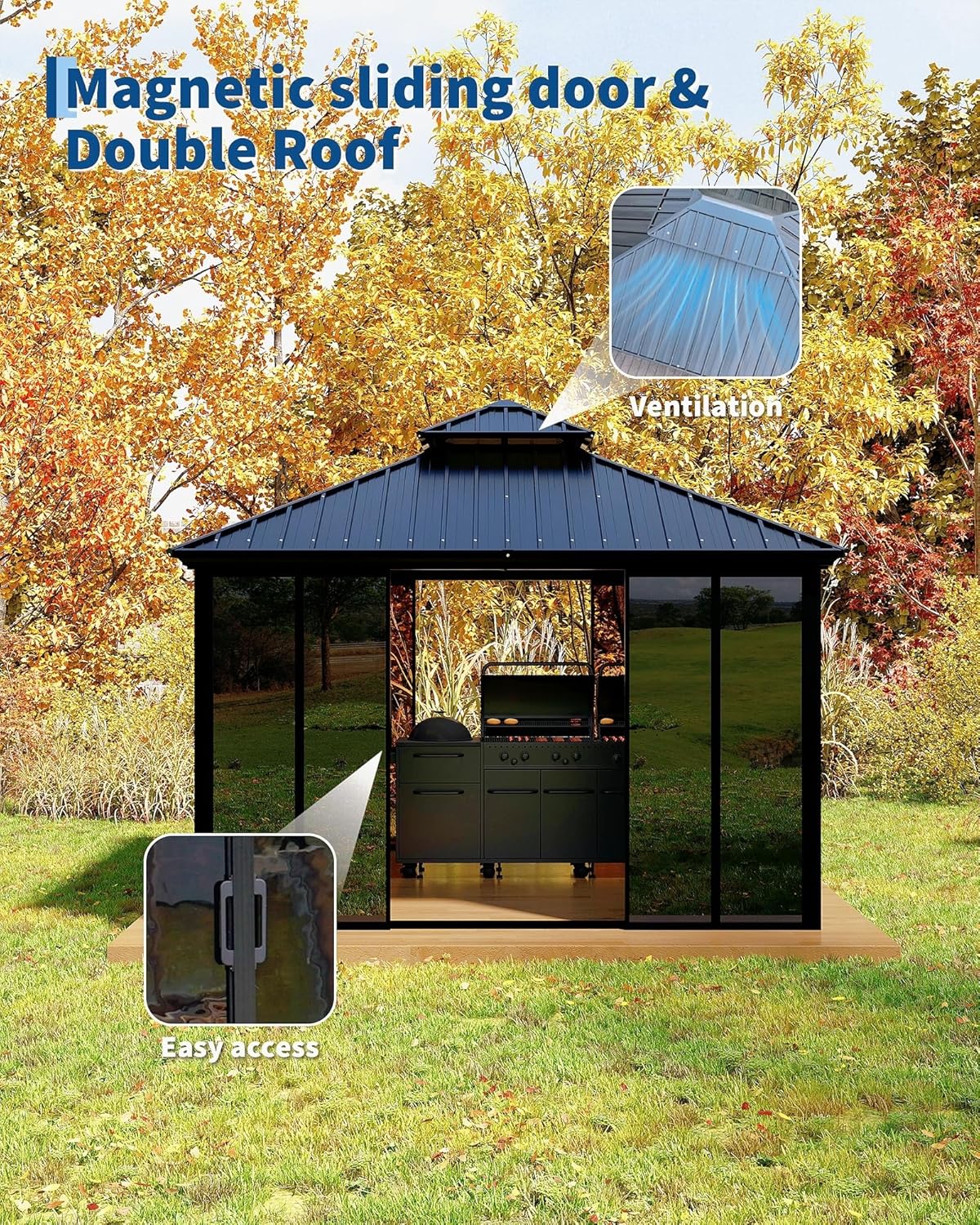 GarveeLife 12x12 ft Sunroom Hardtop Gazebo, Enclosed Gazebo with Floor-to-Ceiling Sliding Doors, All-Aluminum Alloy Frame, Screen Outdoor Room Solarium for Backyard, Patio, and Deck