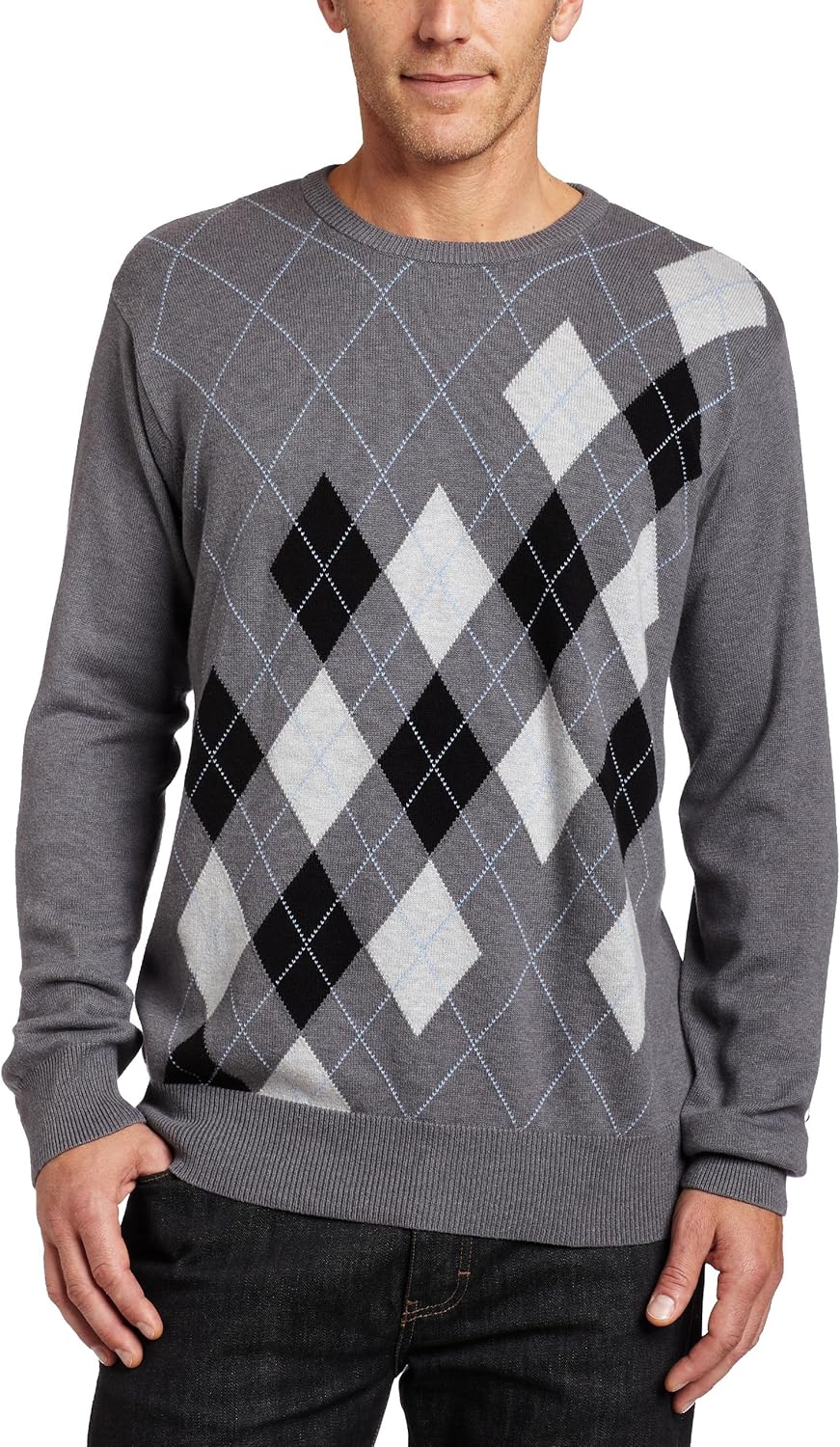 Van Heusen Men's Men's Asymmetrical Argyle Crew Neck Sweater, Deep Grey