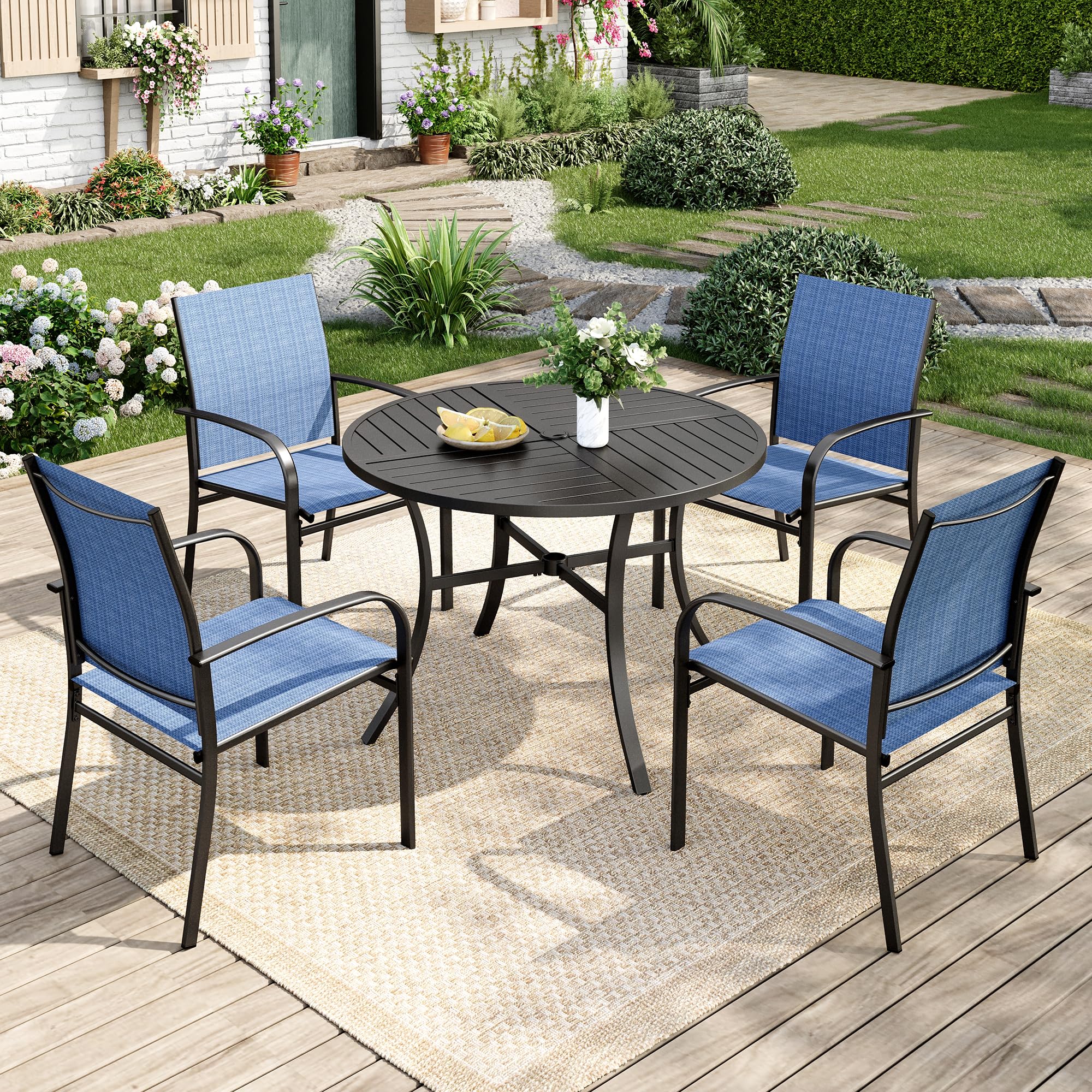 Patio Table and Chairs Set for 4, 5 Pieces Outdoor Dining Set, 4 Blue Textilene Chairs and 42" Metal Round Table with Umbrella Hole, for Deck Garden Backyard Lawn Poolside