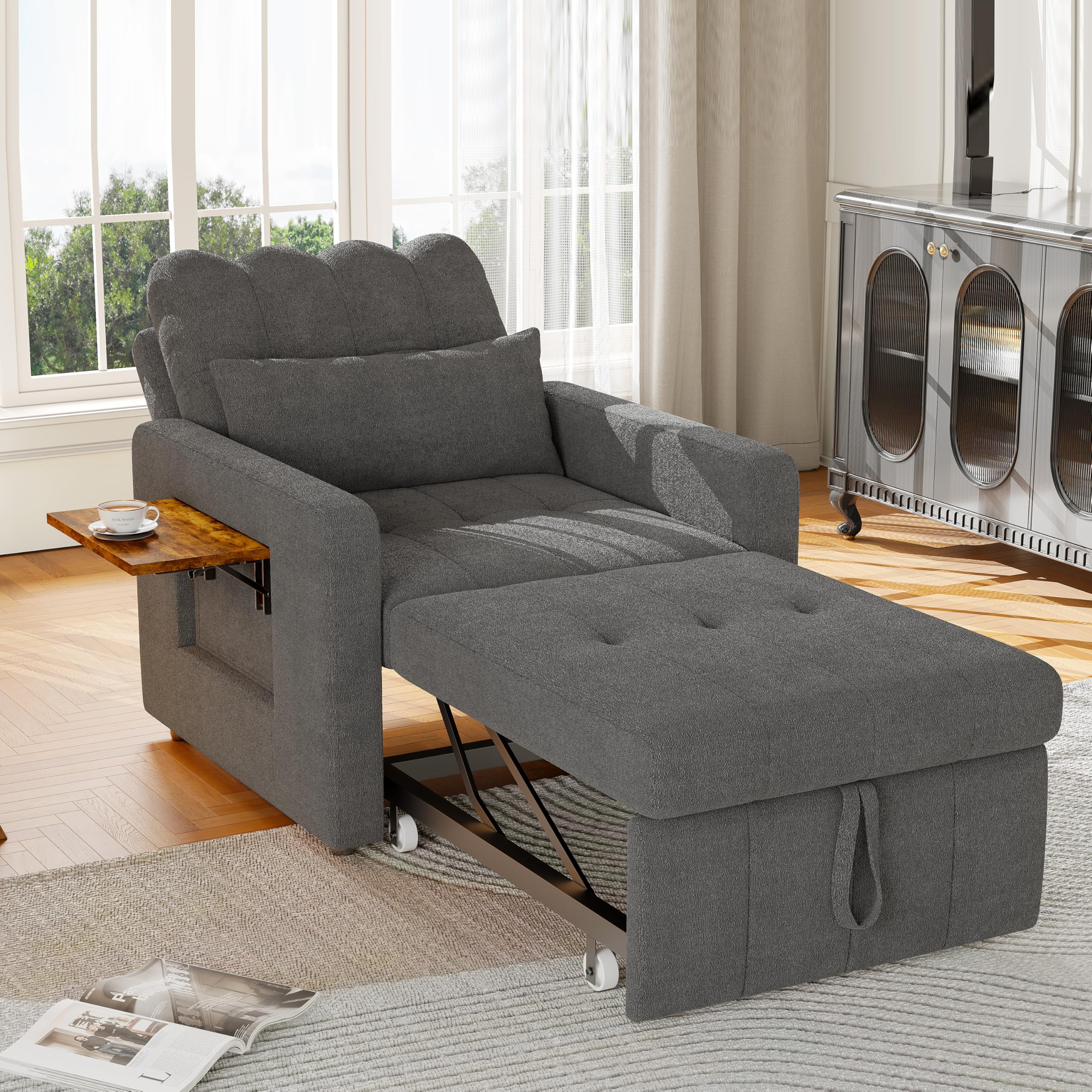 Mała sofa z funkcją spania, składana sofa i taboret do spania ze skrzynią na pościel, 3 w 1, rozkładany fotel do spania, łóżko z poszewką w szenilowym kolorze, pojedyncza sofa do małego