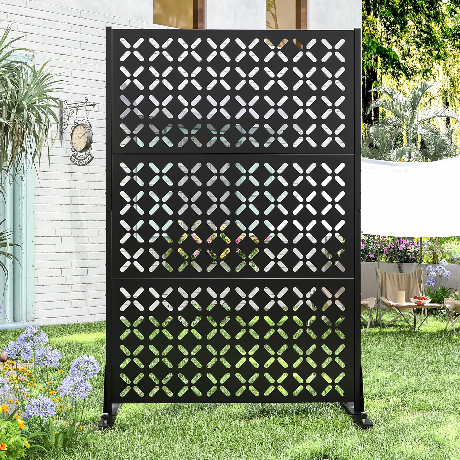 Metal Outdoor Privacy Screen Freestanding Privacy Screens,72" H x 46" W Patio Decorative Metal Fence Panels with Stand,Portable Divider Screens for Outside Deck,Balcony,Garden and Indoor-X