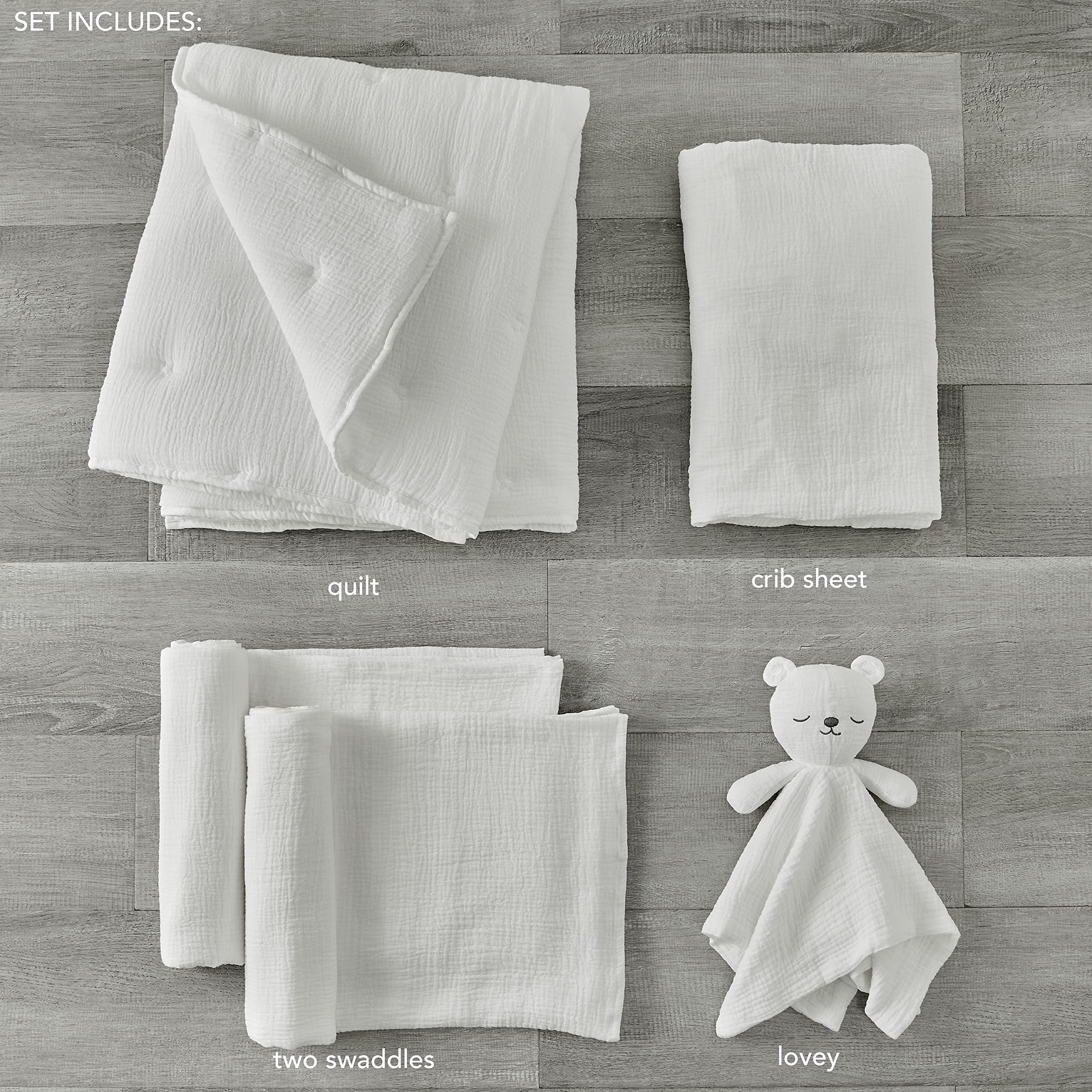 Levtex Baby - Juego de cama de muselina Cloud para cuna - Juego de guardería para bebé - Estrellas blancas y blancas - Muselina texturizada blanca - Juego de 5 piezas que incluye edredón, sábana