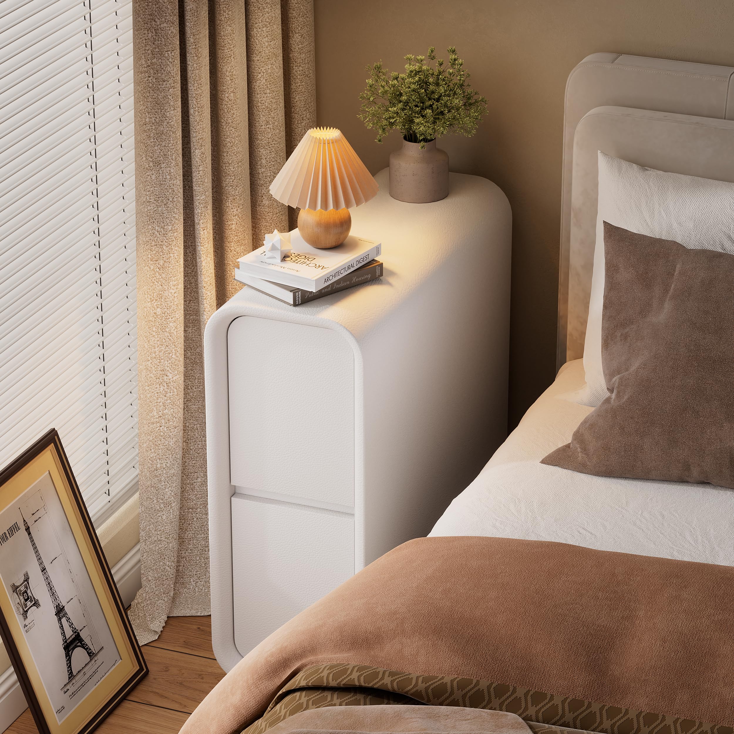 MSFE Mesita de Noche Estrecha, Mesita de Noche Estrecha con Superficie de Cuero,20cm Mesa Auxiliar Blanca con 2 Cajones, Mesitas Dormitorio,Sin Instalació, para Dormitorio,Salón