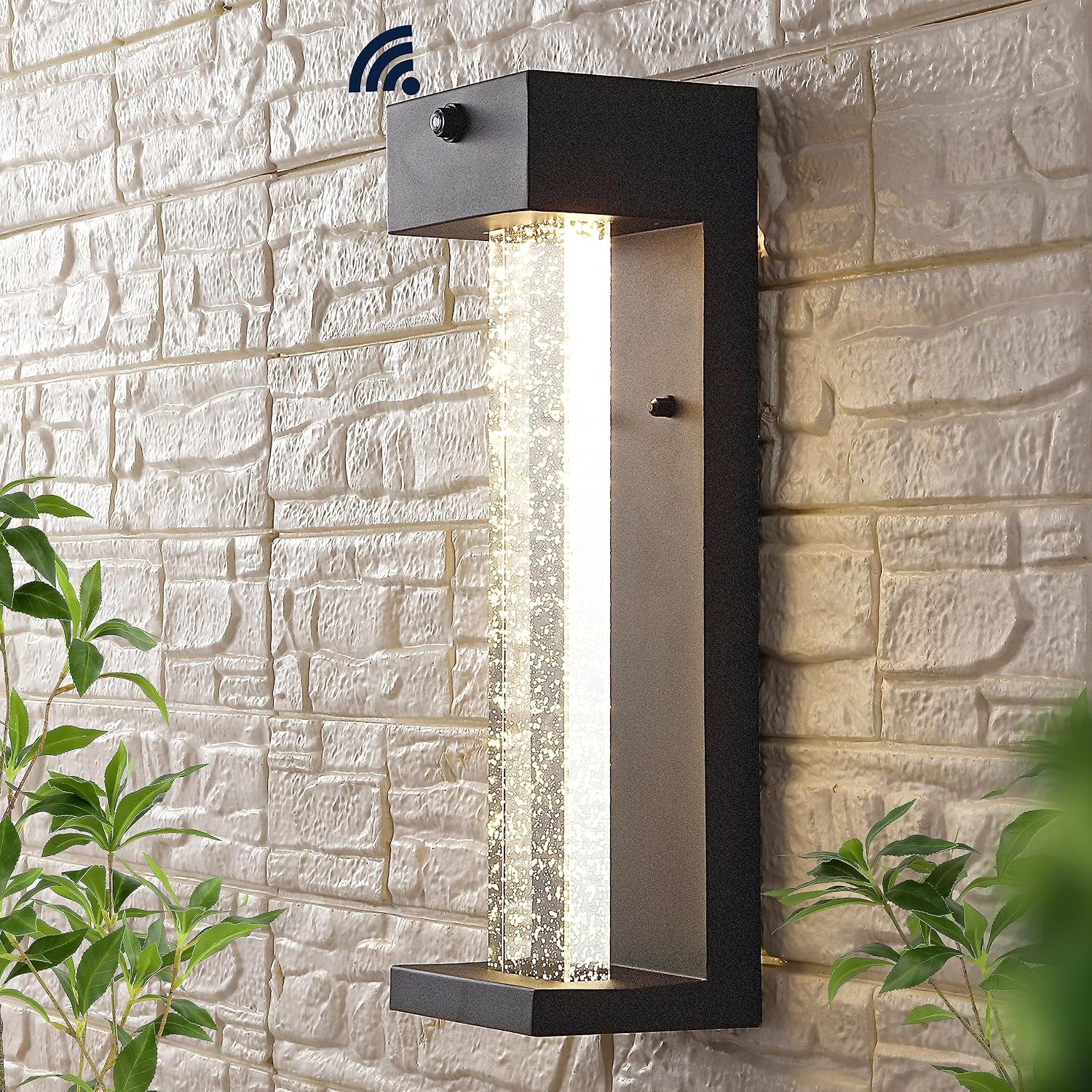 JONATHAN Y 5.13" Black 1-Light Iron Outdoor Sconce, Modern Industrial Wall Lantern with Dusk-to-Dawn Sensor and Clear Seeded Crystal Shade, Integrated LED, ETL Listed JYL2404A
