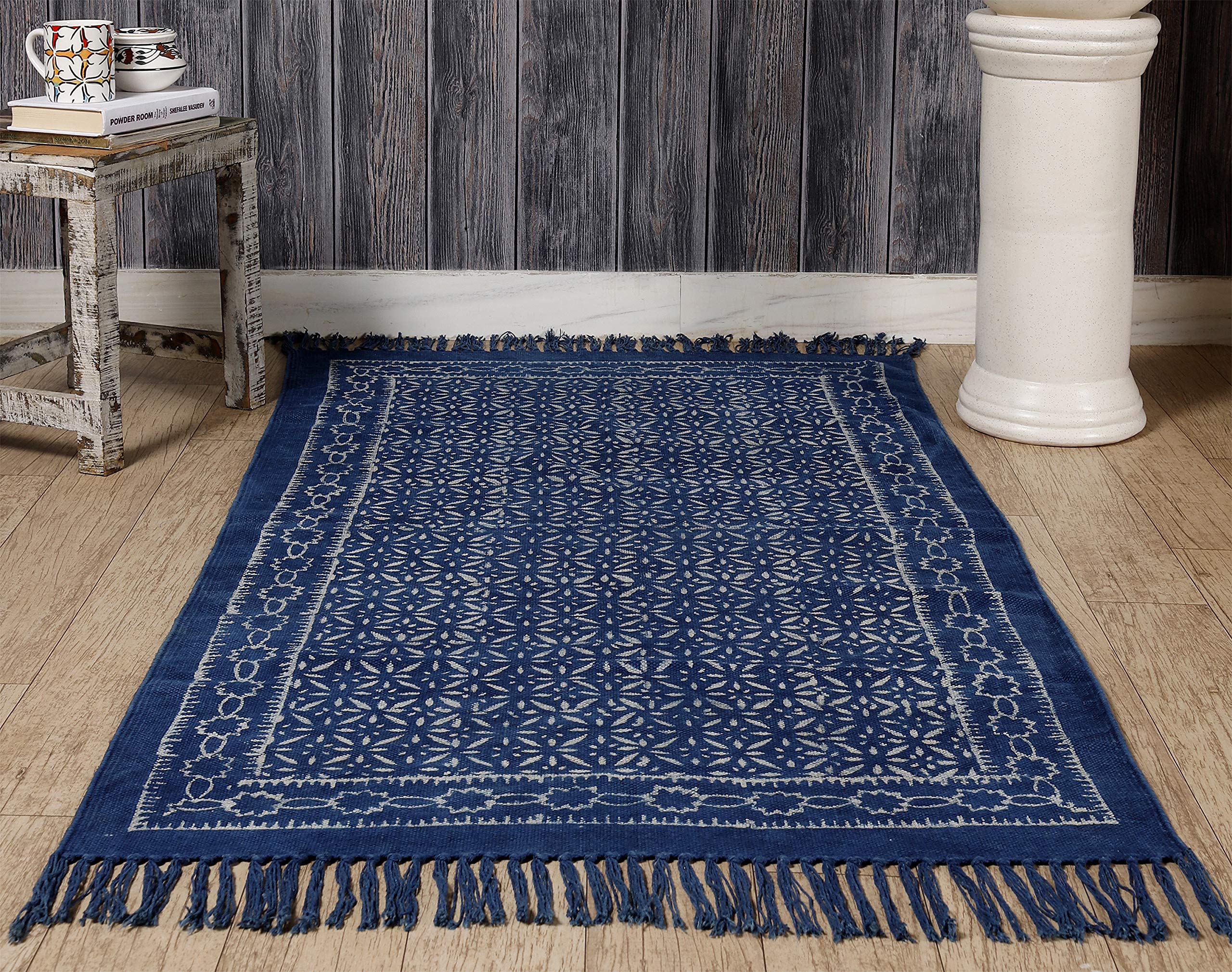 Kashish Block Printed Rug Carpet Cotton Mat Throw Area Rug Runner (Indigo Blue, 3'x 5' Feet)