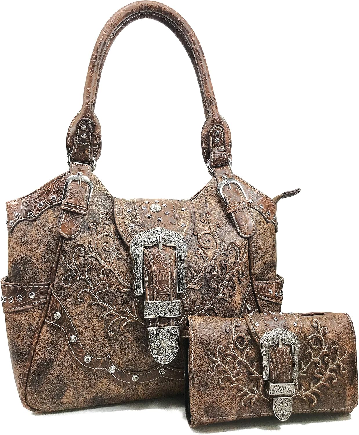 Zelris American Albino Western Floral Buckle Conceal Carry Women Tote Purse Handbag with Crossbody Wallet Set
