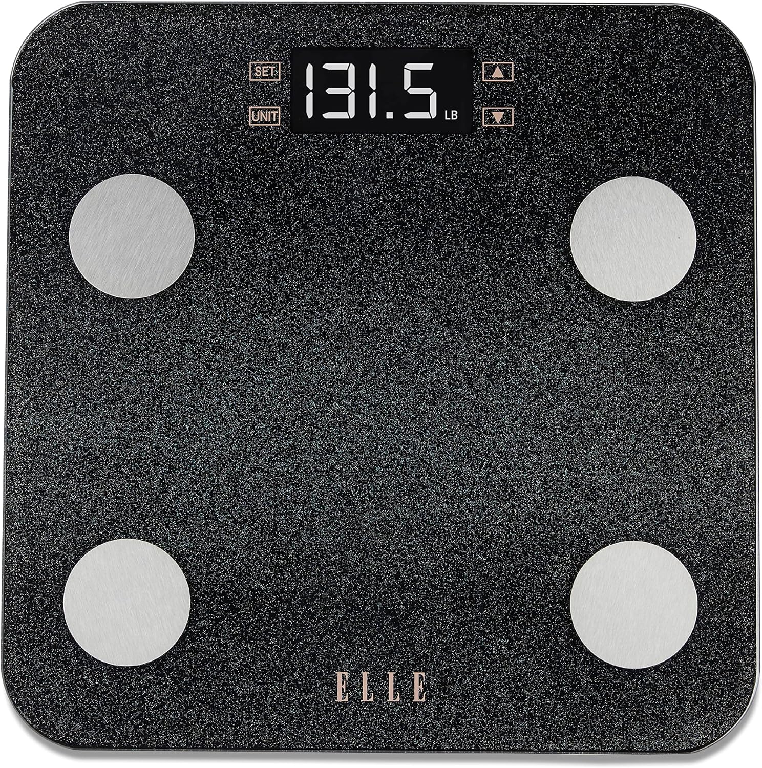 ELLE Digital Body Weight Scale with BMI Analyzer and 7 Fitness Indicators, Gold, LCD Display, 400 lbs Capacity, Tempered Glass Platform