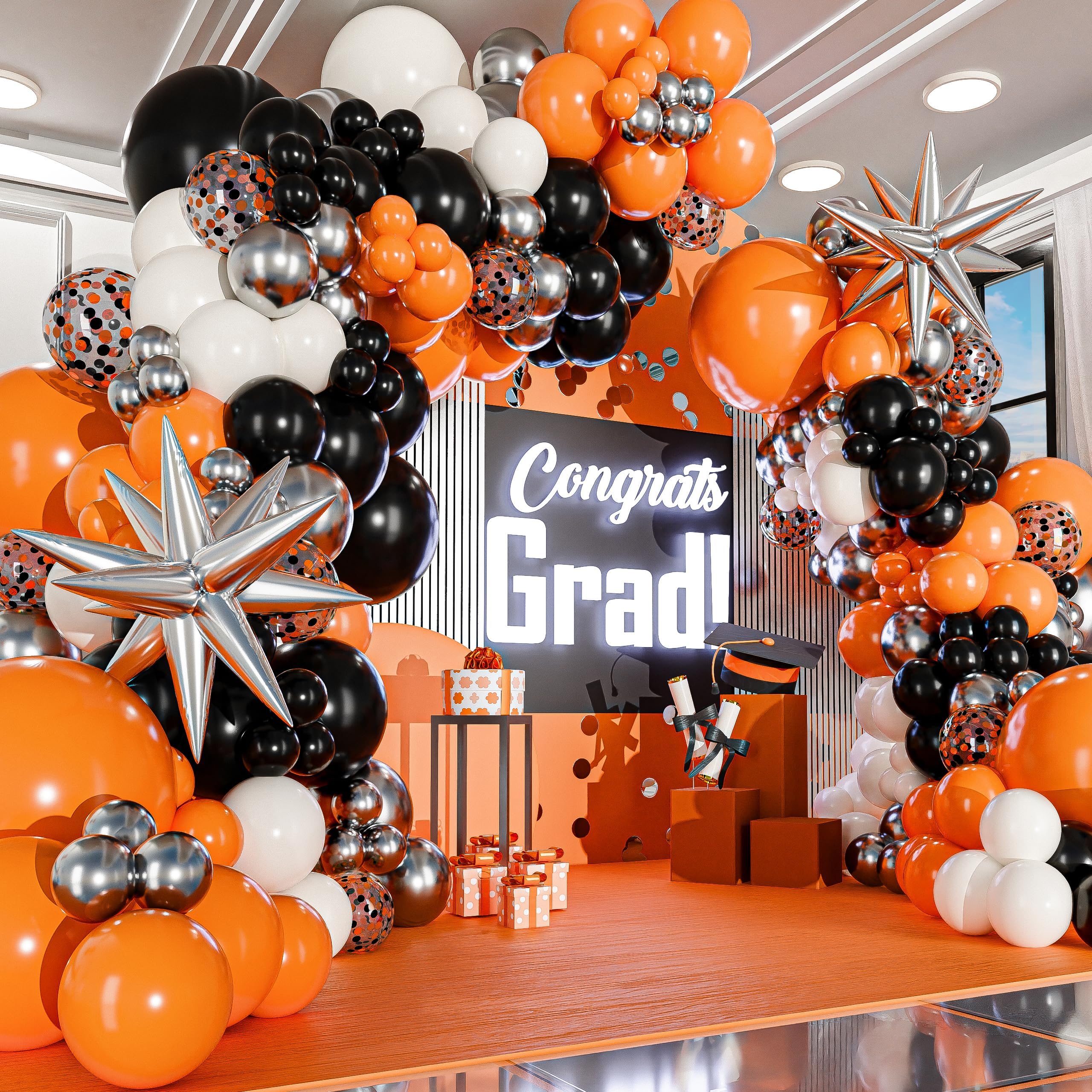 ALL-IN-1 Orange Black White Balloons Arch Kit with BONUS Starburst Balloons – Small &amp; Large White Orange Black Balloons – Party Decorations for Graduation, Birthday Bengals, Halloween, Harley Davidson