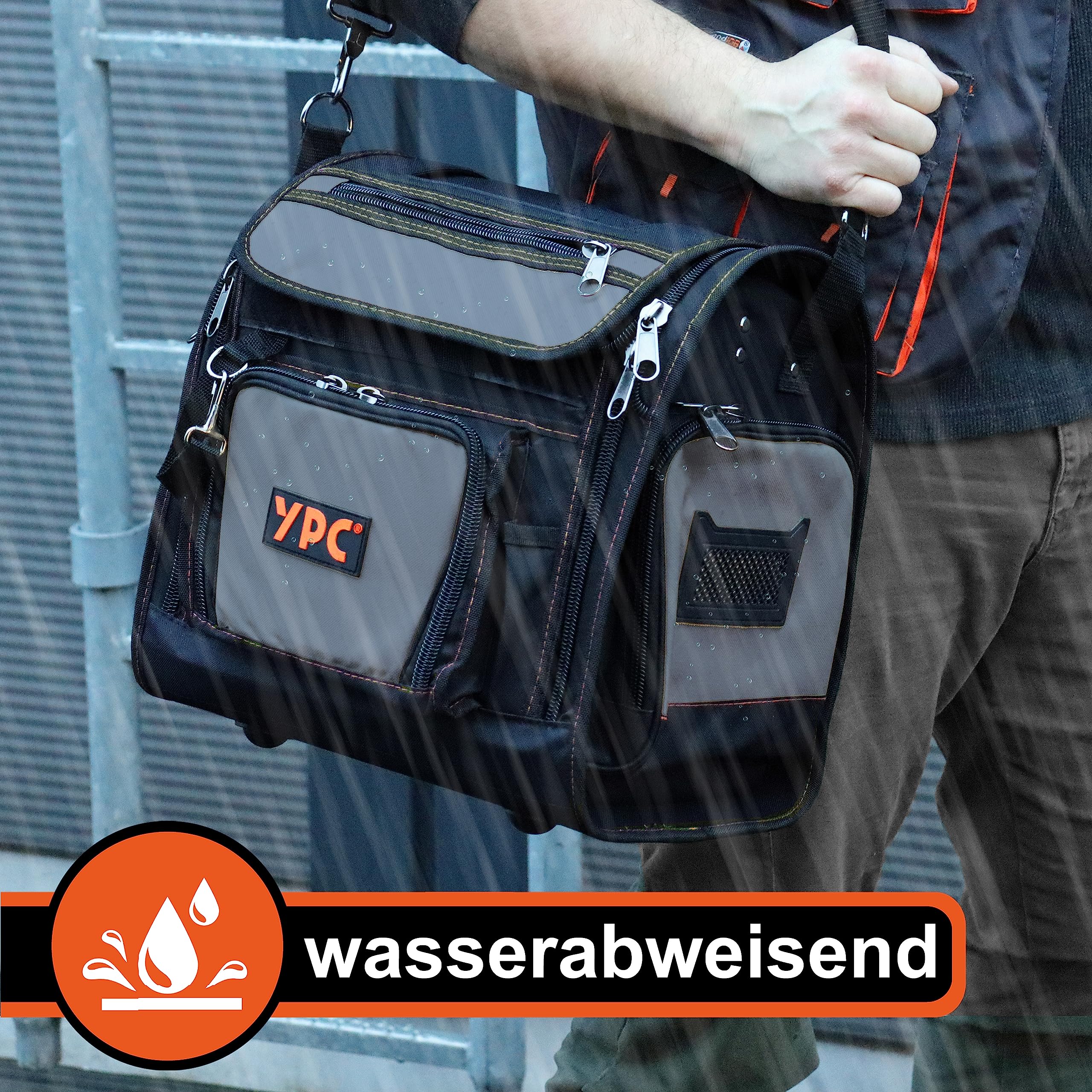 YPC Foreman torba narzędziowa XL – przenośna torba do przechowywania z karabińczykiem, wodoodporna, odporna na rozerwanie, stabilny metalowy uchwyt i pasek na ramię z wyściółką, szaro-czarna, 37 x 36