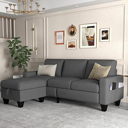 ZeeFu Convertible Sectional Sofa Couch,Dark Grey Linen Fabric Modern 3Seat L Shaped Upholstered Sofa Couch Set with Storage Reversible Ottoman and Pockets for Living Room Small Space Apartment