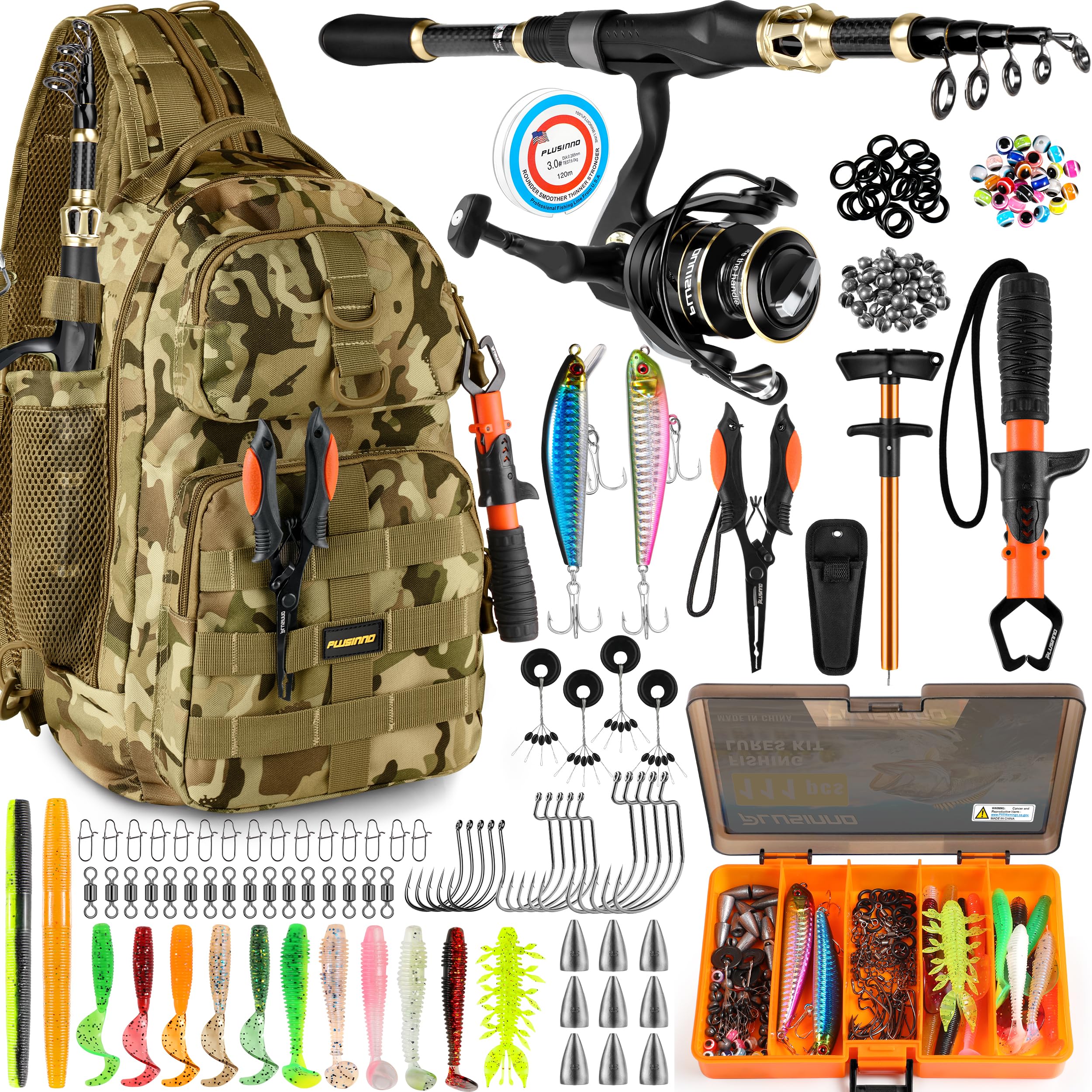 PLUSINNO Fishing Backpack with Fishing Rod and Reel Combos Tackle Boxes, Waterproof Tackle Backpack for Gear with Rod Holder, Fish Gifts for Men with Tool Kit