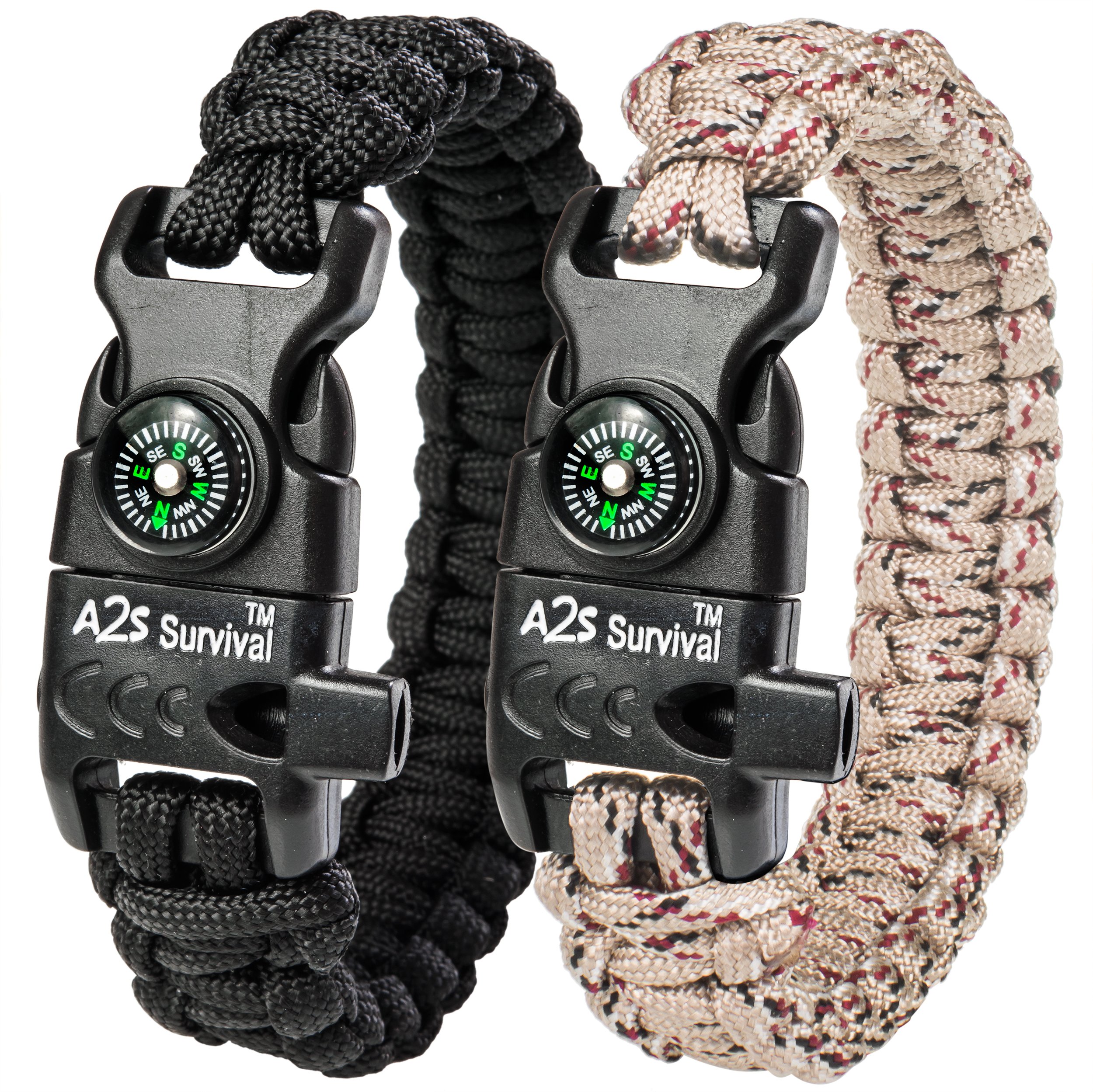 A2S Protection Paracord Bracelet K2-Peak – Survival Gear Kit with Embedded Compass, Fire Starter, Emergency Knife & Whistle (Black/Sand)