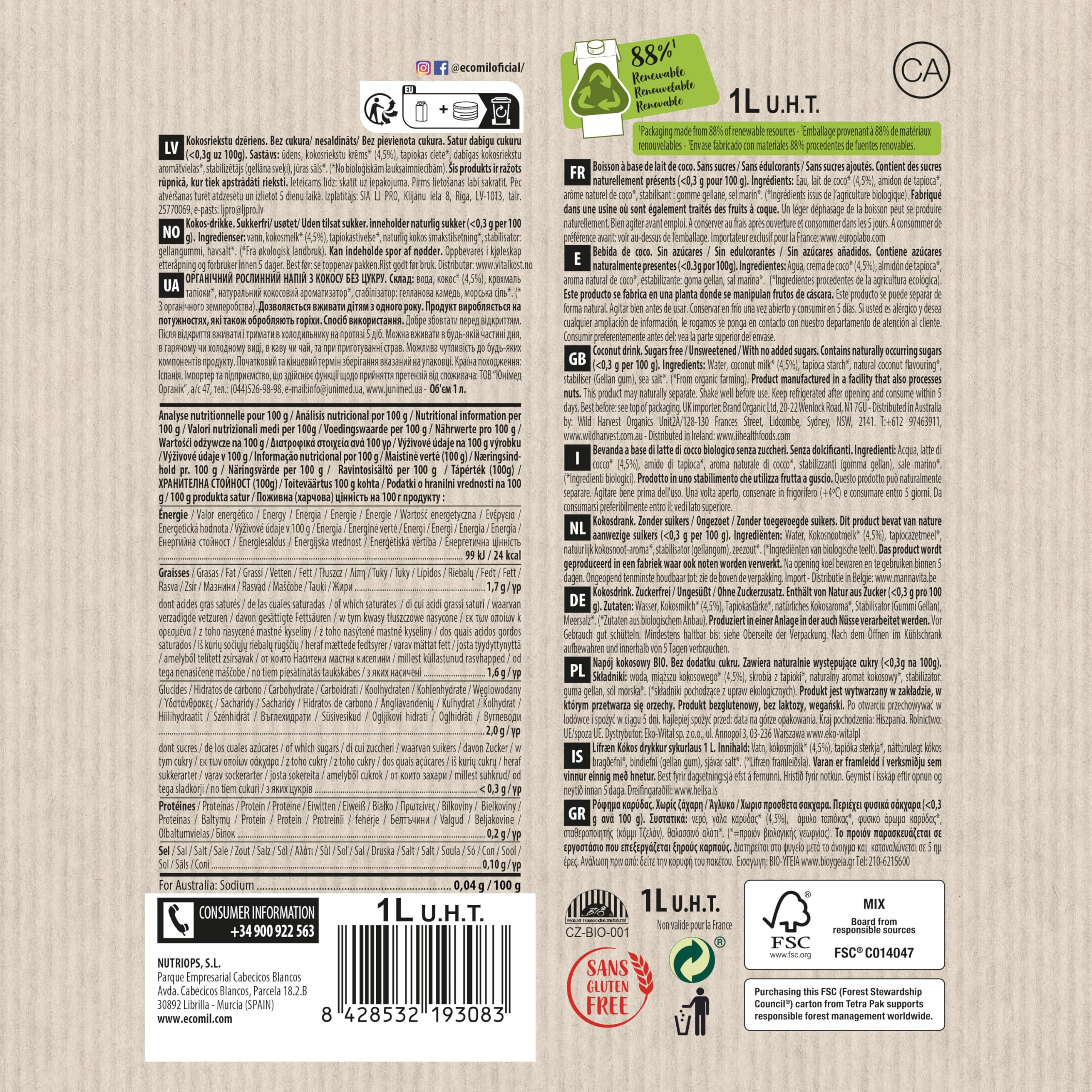 Ecomil - Bebida de Coco Ecológica, Bebida Vegetal, Leche de Coco Bio, Sin Azúcares, Fuente de Calcio, Ingredientes de Agricultura Ecológica - 1L