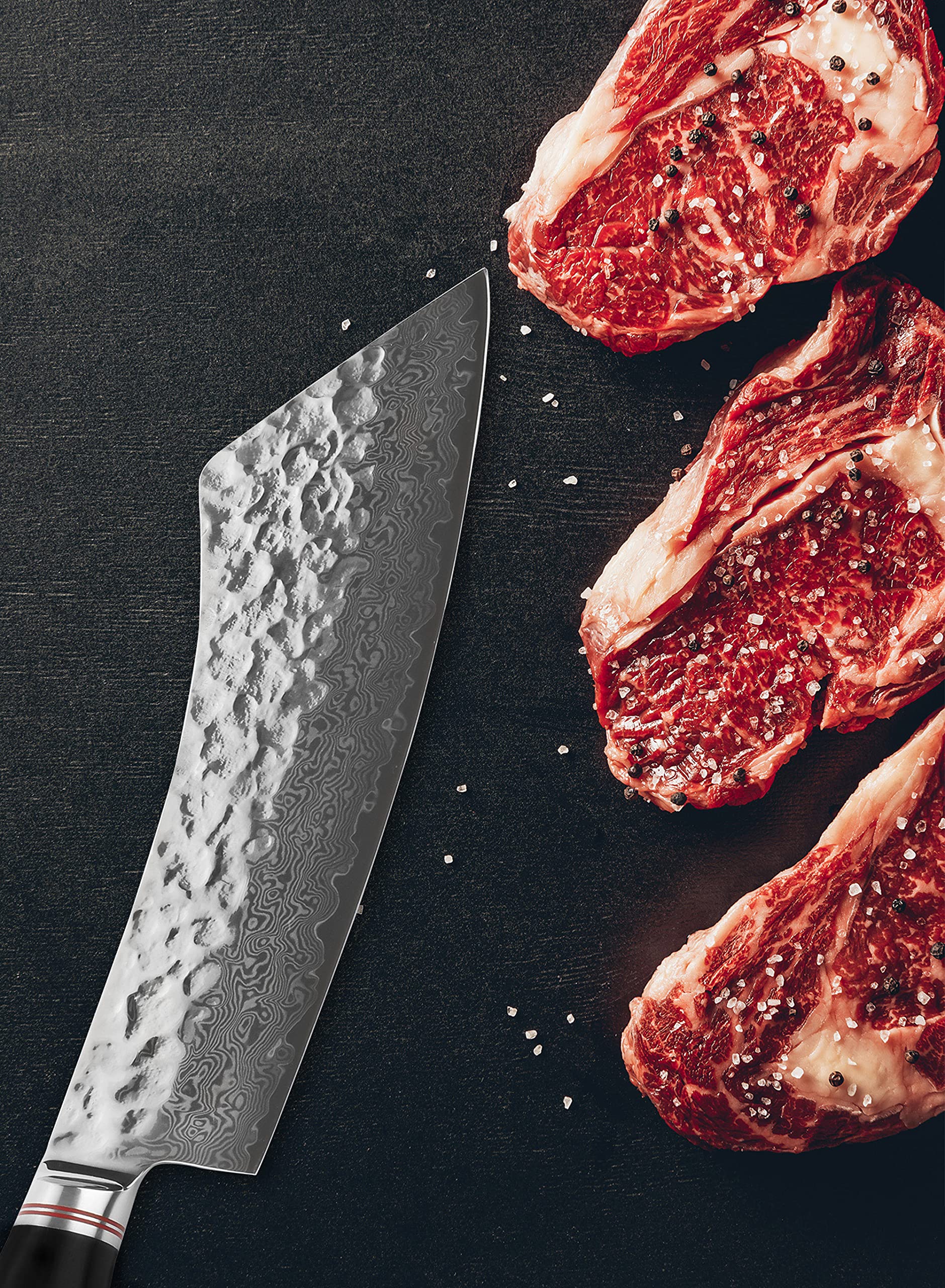 YOUSUNLONG Nóż rzeźniczy 22,86 cm, nóż kuchenny BBQ – japońska młotkowana stal damasceńska – uchwyt Leadwood ze skórą