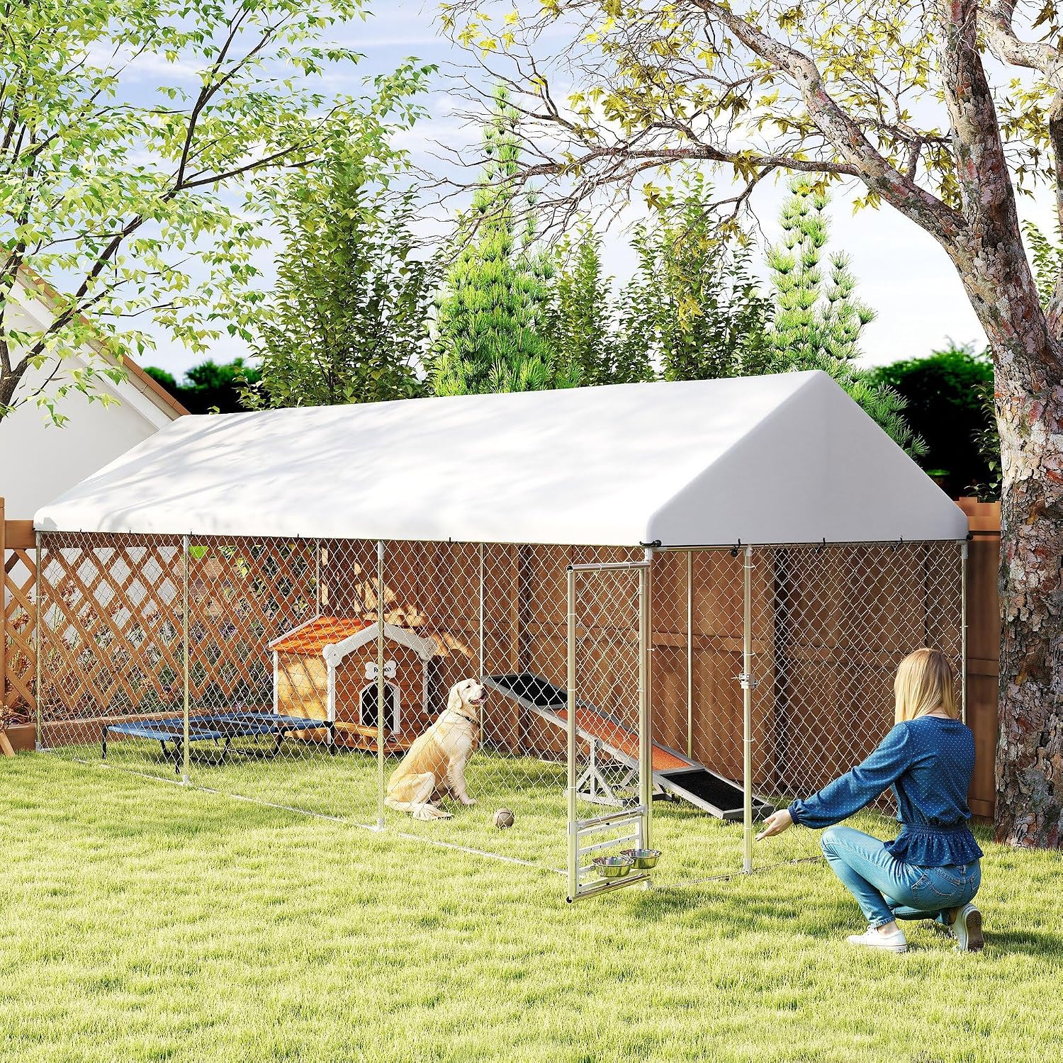 PawHut Outdoor Dog Kennel, 20' x 7.5' x 7.5', Heavy Duty Large Dog Kennel w/Waterproof Roof, Adjustable Rotating Bowl Rack, Secure Lock, Galvanized Steel Pet Enclosure for Chicken, Duck, Garden, Yard