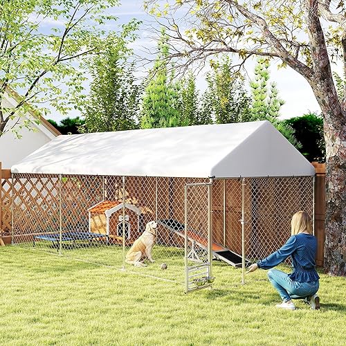 Miniatura 20 de PawHut Perrera para perros al aire libre, 20 x 7.5 x 5.2 pies, perrera grande resistente para dos habitaciones exteriores con techo impermeable