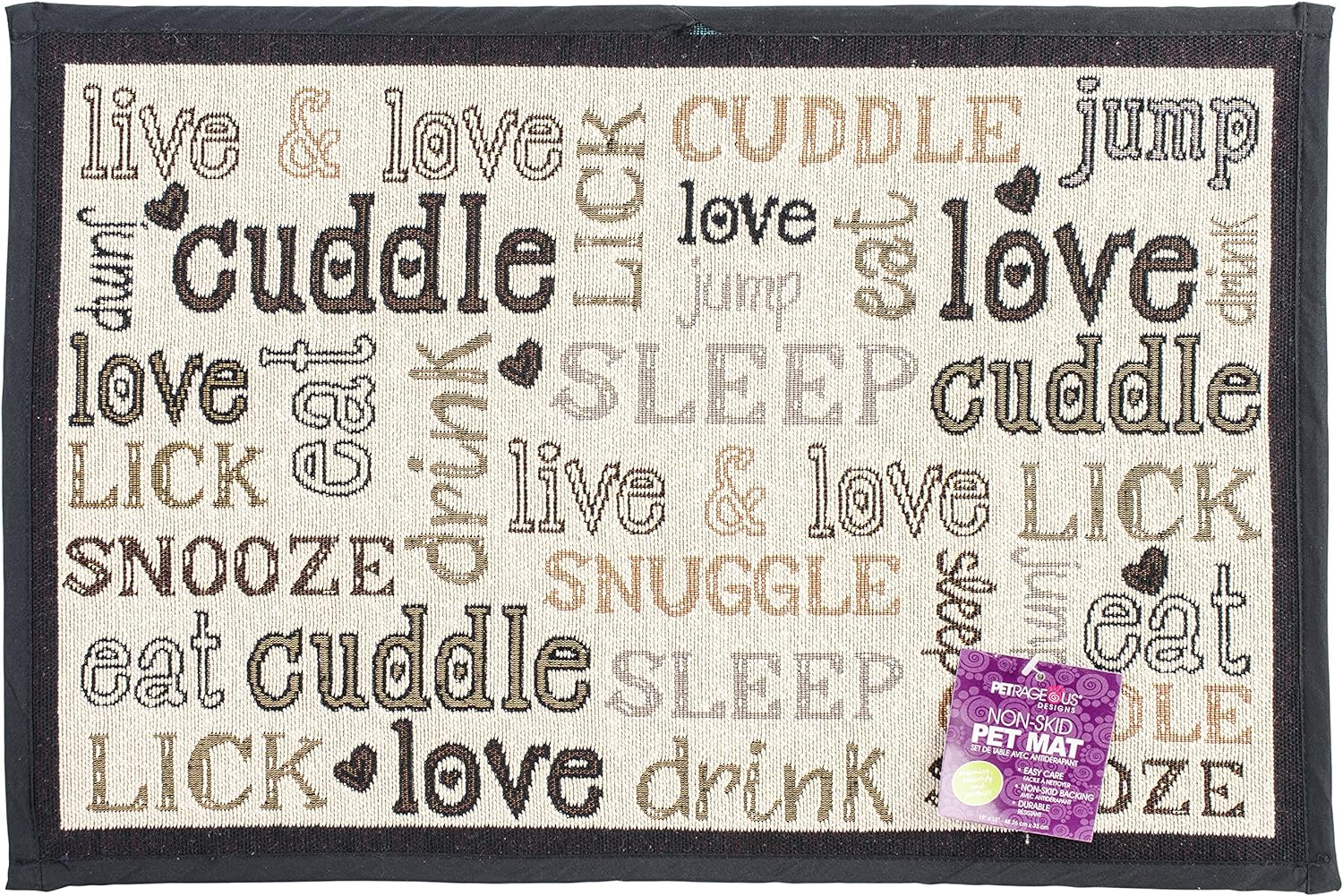 PetRageous 10218 Cuddles Tapestry Dog and Cat Non-Skid Machine Washable Placemat for Pet Feeding Areas with Rubber Backing 13-Inch by 19-Inch for Dogs and Cats, Multi-Colored, Off-White