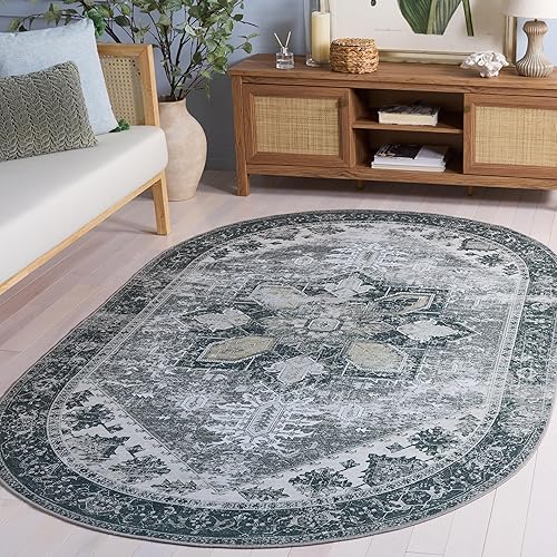 Vista 46 de SAFAVIEH Alfombra lavable Tucson Collection - 5 x 8 pies, salvia y marfil, antideslizante y fácil de limpiar, ideal para sala de estar, dormitorio