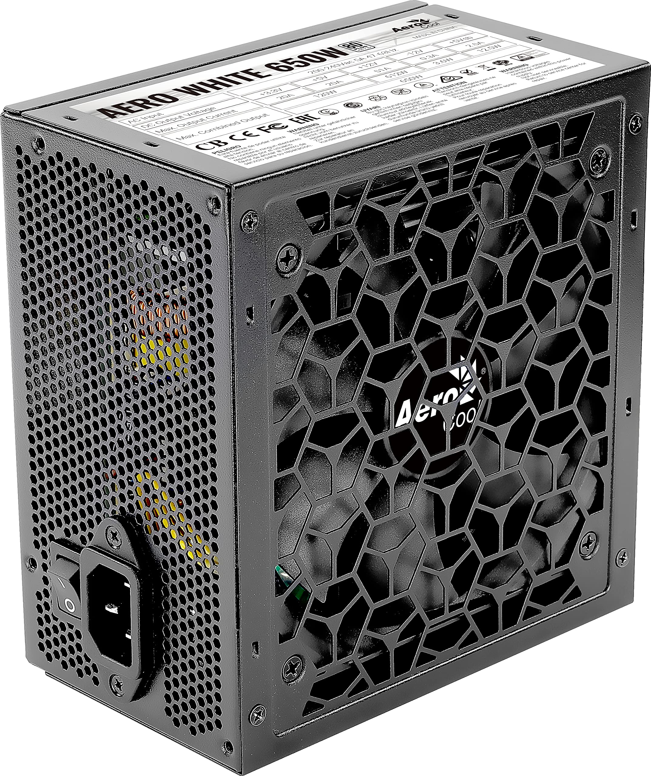 Aerocool AEROW650, Fuente de Alimentación PC 650W, 80Plus White 230V EU, ATX 12V, Ventilador 12cm, Negro