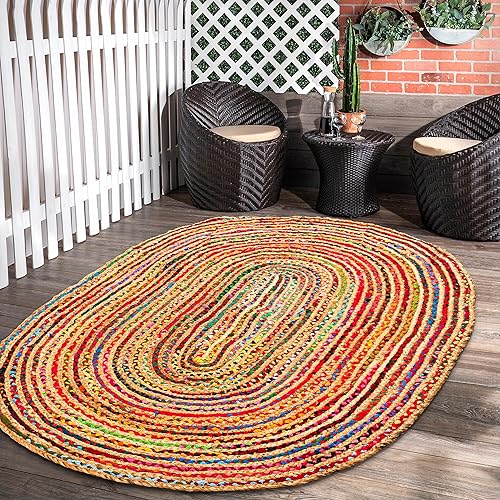 Miniatura 8 de Alfombra bohemia, redonda de 5 pies, alfombras suaves para dormitorio, alfombras de granja, alfombras chindi de yute trenzado multicolor,