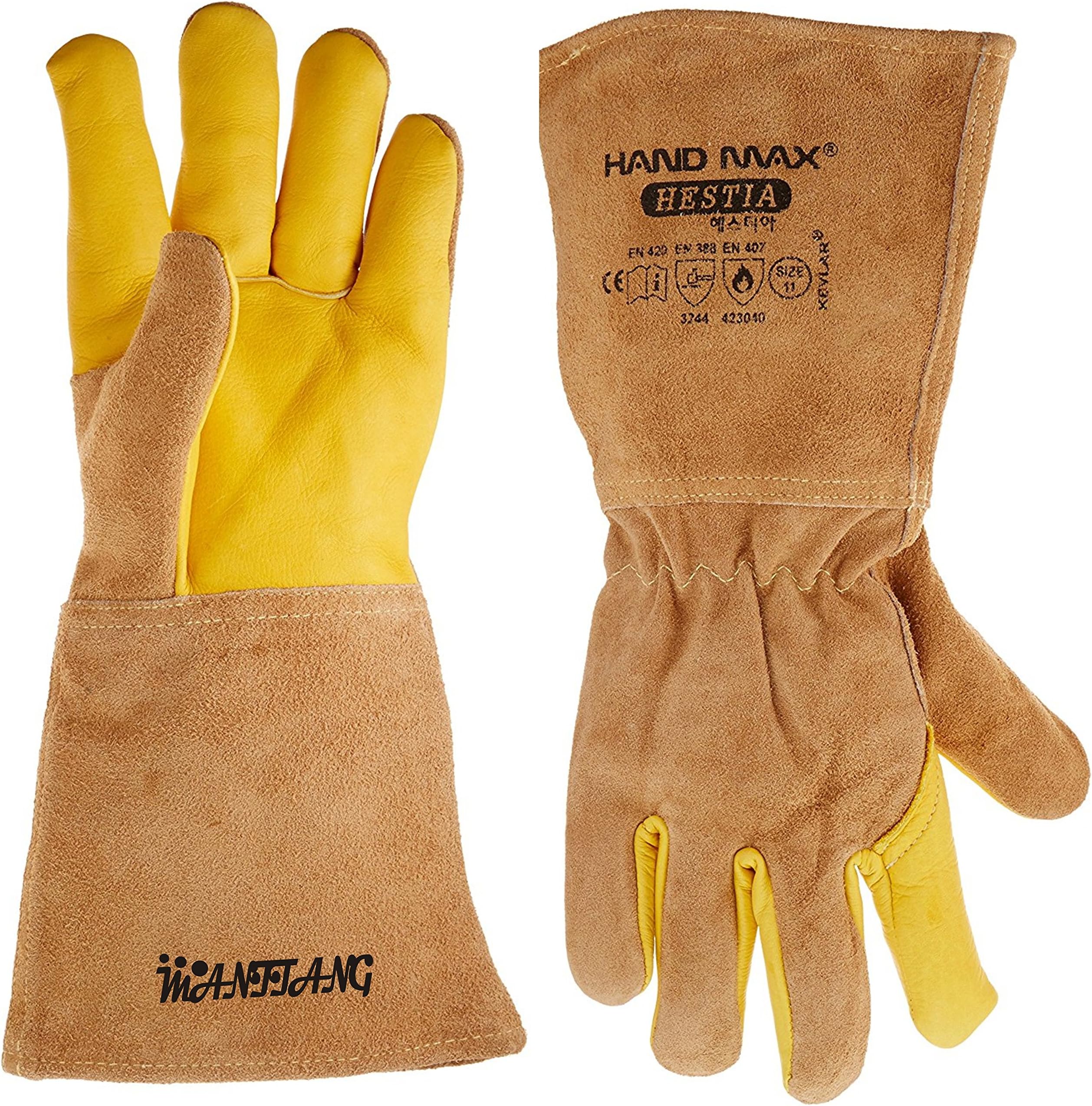 MANTTANG - Animal Handling Gloves 35cm GAUNTLET LEATHER Kevlar DOG CAT BIRD REPTILE