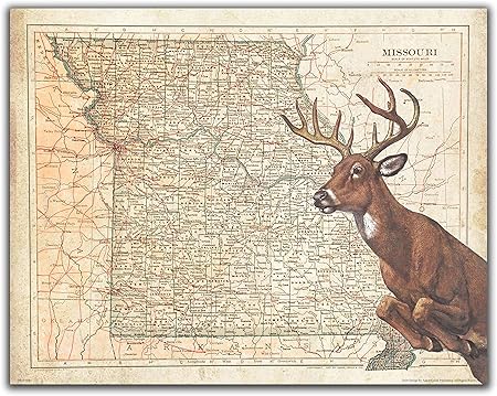 Apple Creek Vintage Missouri State Map Whitetail Deer Bow Hunting