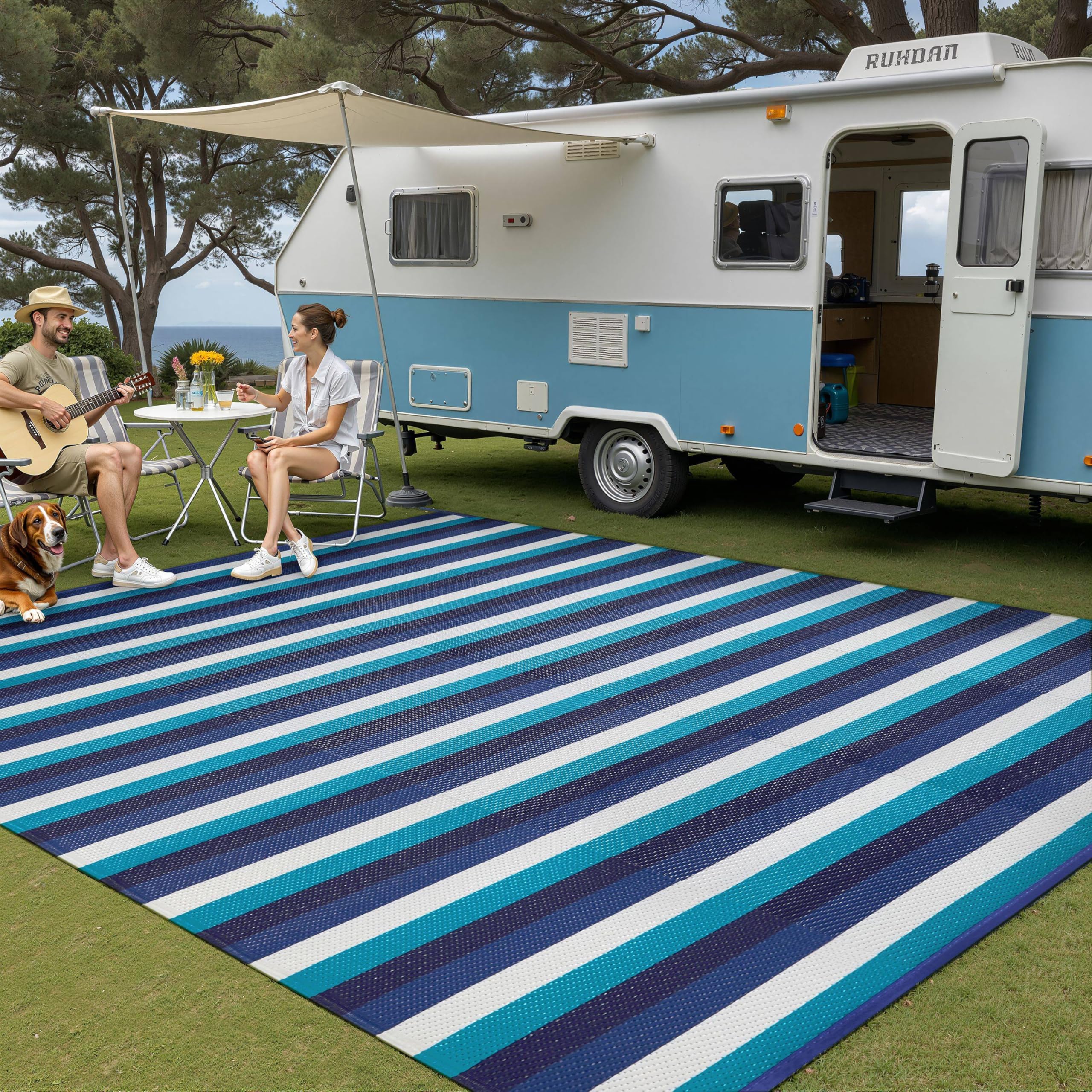 PureCozy Outdoor Waterproof Patio Rug 8x10 Plastic Straw Reversible Outside Blue White Stripe Carpet Large Lightweight for Camping RV Porch Deck Balcony Beach