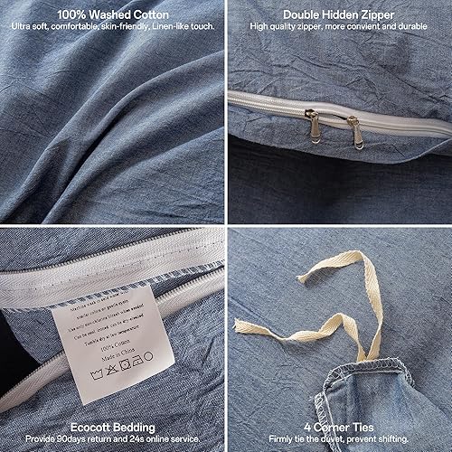 Miniatura 208 de ECOCOTT Funda de edredón tamaño King, juego de ropa de cama de 3 piezas, 100% algodón lavado, suave y transpirable con cierre de cremallera, 8 lazos