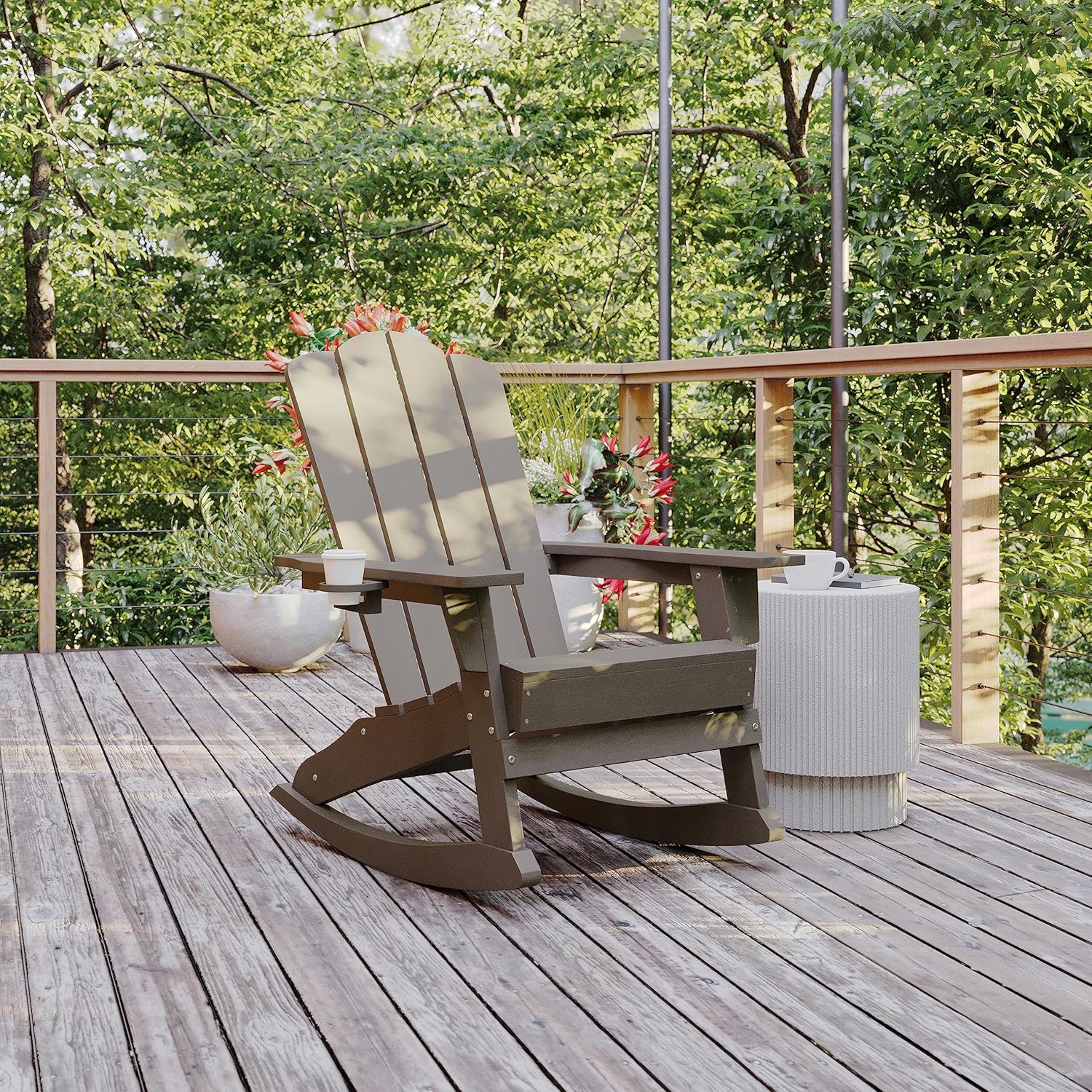 Flash Furniture Newport Adirondack Rocking Chair with Cup Holder, Weather Resistant Poly Resin Adirondack Rocking Chair, Brown