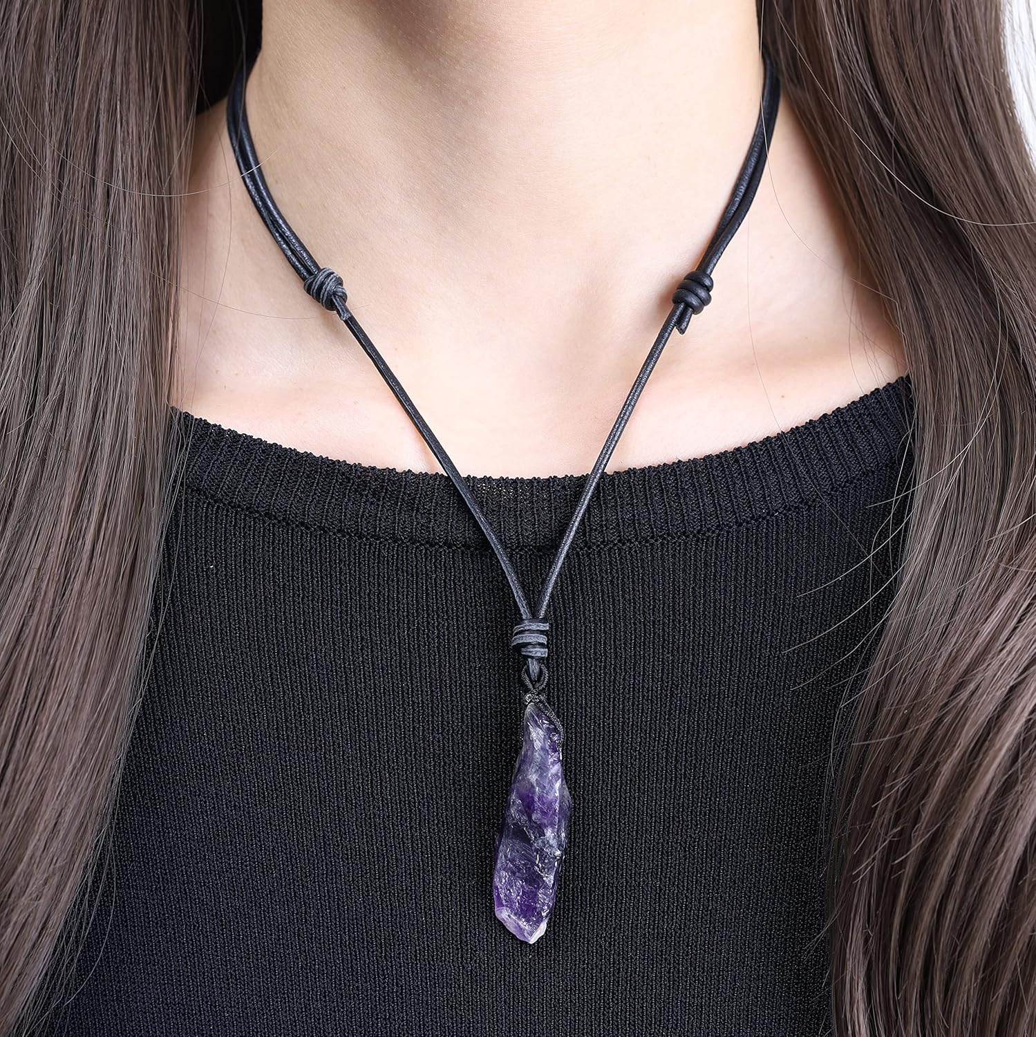 COAI Genuine Leather Necklace Raw Crystal Necklace for Women Men - Image 2