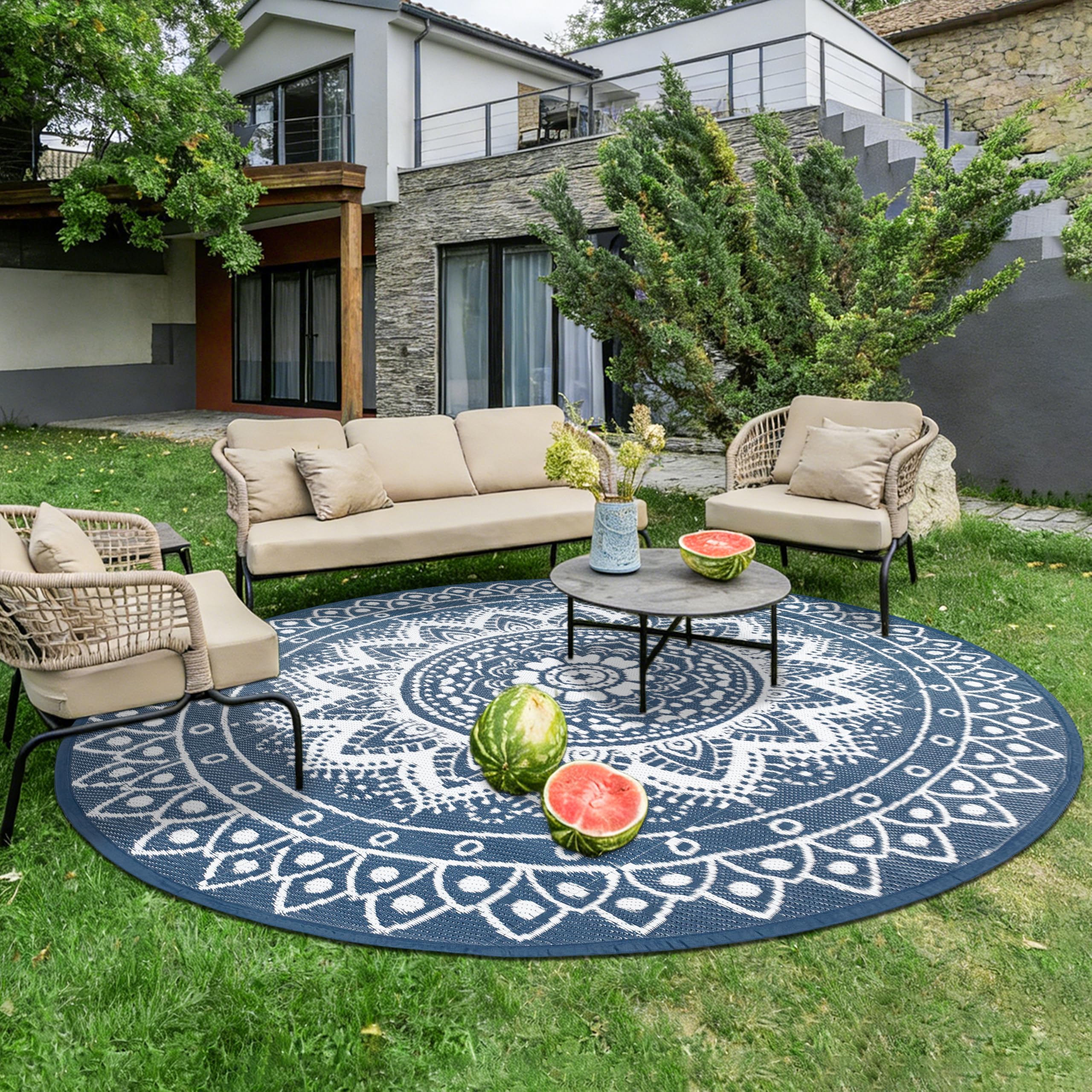 Tapis d'extérieur Rond pour terrasse 240cm réversible imperméable et Pliable bohème pour Camping-carTapis de Pique-Nique et de Camping pour RV, Balcon, Plage, terrasse, Bleu/Blanc