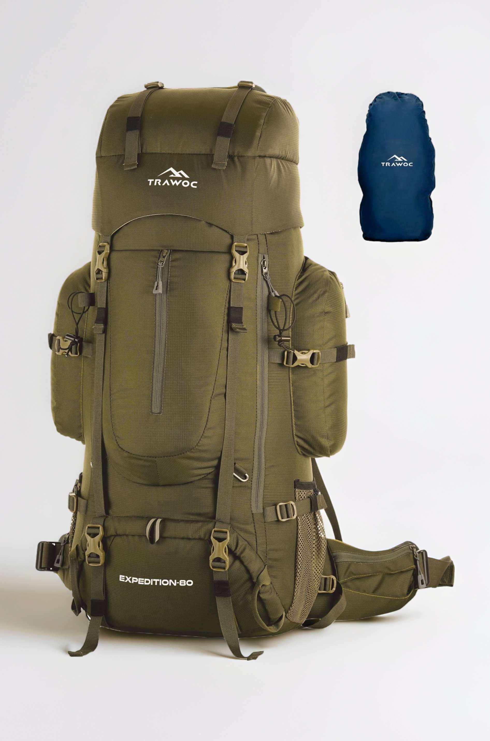 TRAWOC EXPEDITION 80L Travel Backpack Camping Hiking Rucksack Trekking Bag for Men & Women with Water Proof Rain Cover/Shoe Compartment BHK001 Olive Green
