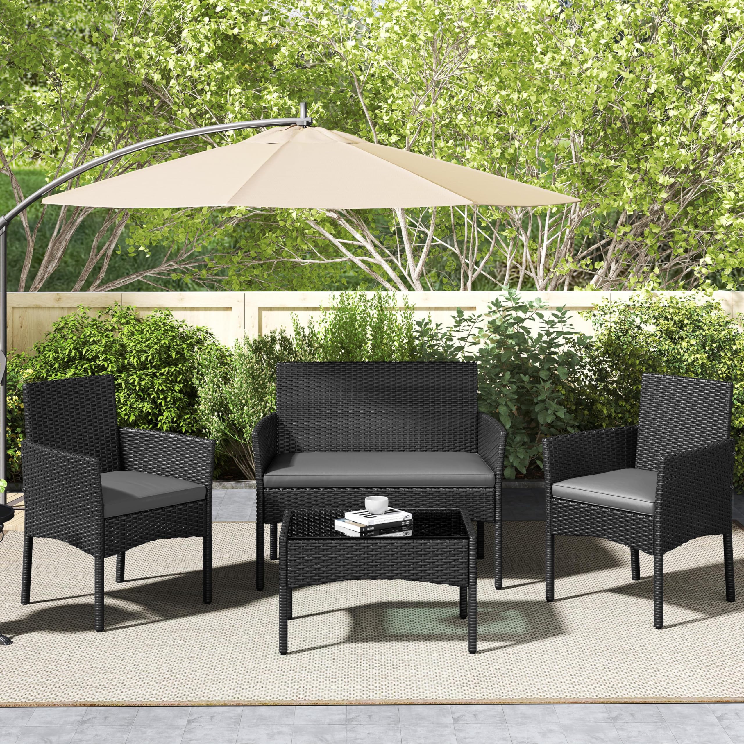 Yaheetech Set di Mobili da Giardino da Balcone 4 Pezzi in Polyrattan con Divano a 2 Posti 2 Poltrone 1 Tavolo per Esterni Patio Giardino Nero/Grigio Chiaro