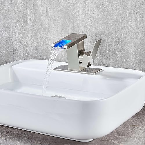 Miniatura 5 de Grifo LED para lavabo de baño, níquel cepillado de un solo orificio o centro de 4 pulgadas, luces LED hidroeléctricas con drenaje desplegable y