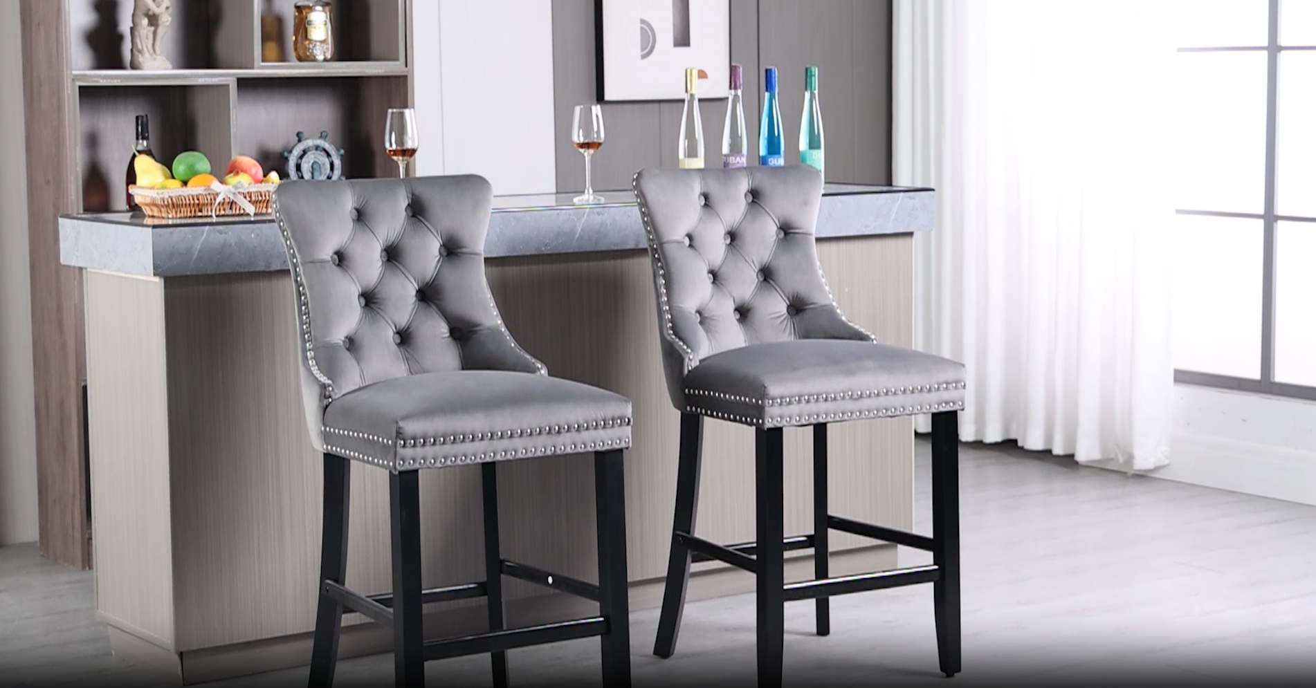 Set de 2 Butacas Velvet SoarNova con Respaldo Alto, Asiento Tapizado y Patas de Madera para Cocina, Color Azul miniatura 7
