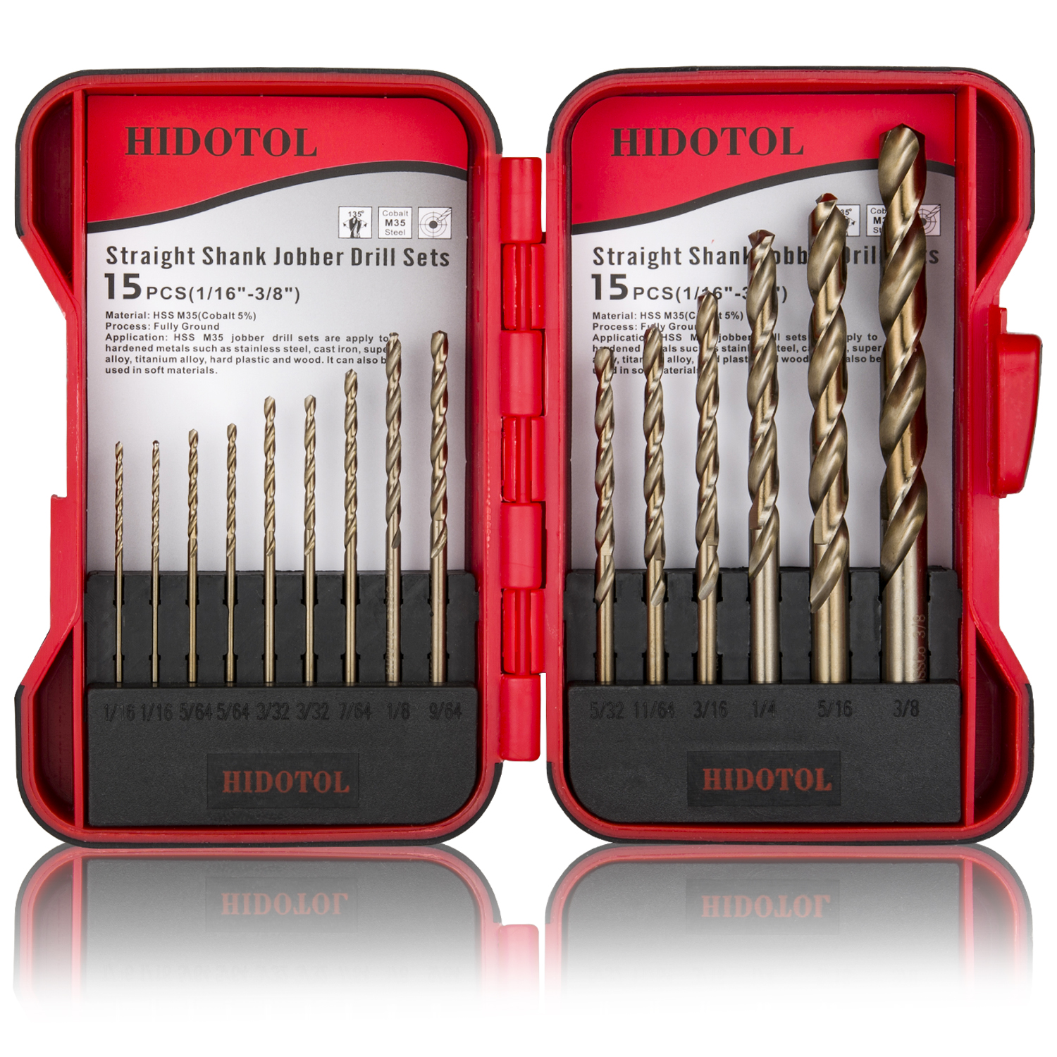 Image of HIDOTOL Cobalt Drill Bit Set 15 PCS + 6PCS Free - M35 High Speed Steel Twist Jobber Length Drill Bits for Hardened Metal, Stainless Steel, Cast Iron, Plastic and Wood, 1 /16 inch-3 /8 inch
