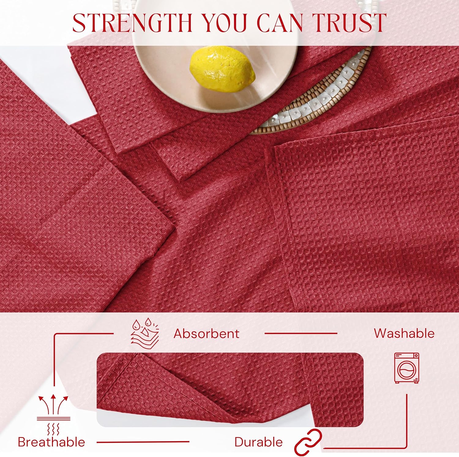 Red Waffle Kitchen Dish Towels, 100% Cotton, Quick Dry, Super Absorbent, Soft, Lint-Free, 16x26 Inches - Ideal for Dish Drying, Bar, Tea, Cleaning, and Everyday Use, 12 Pack