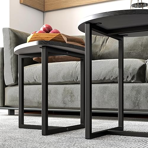 Miniatura 11 de HOJINLINERO Juego de 2 mesas auxiliares redondas para sala de estar, mesa de centro pequeña negra, mesa de estar, marco de metal y madera, Marrón