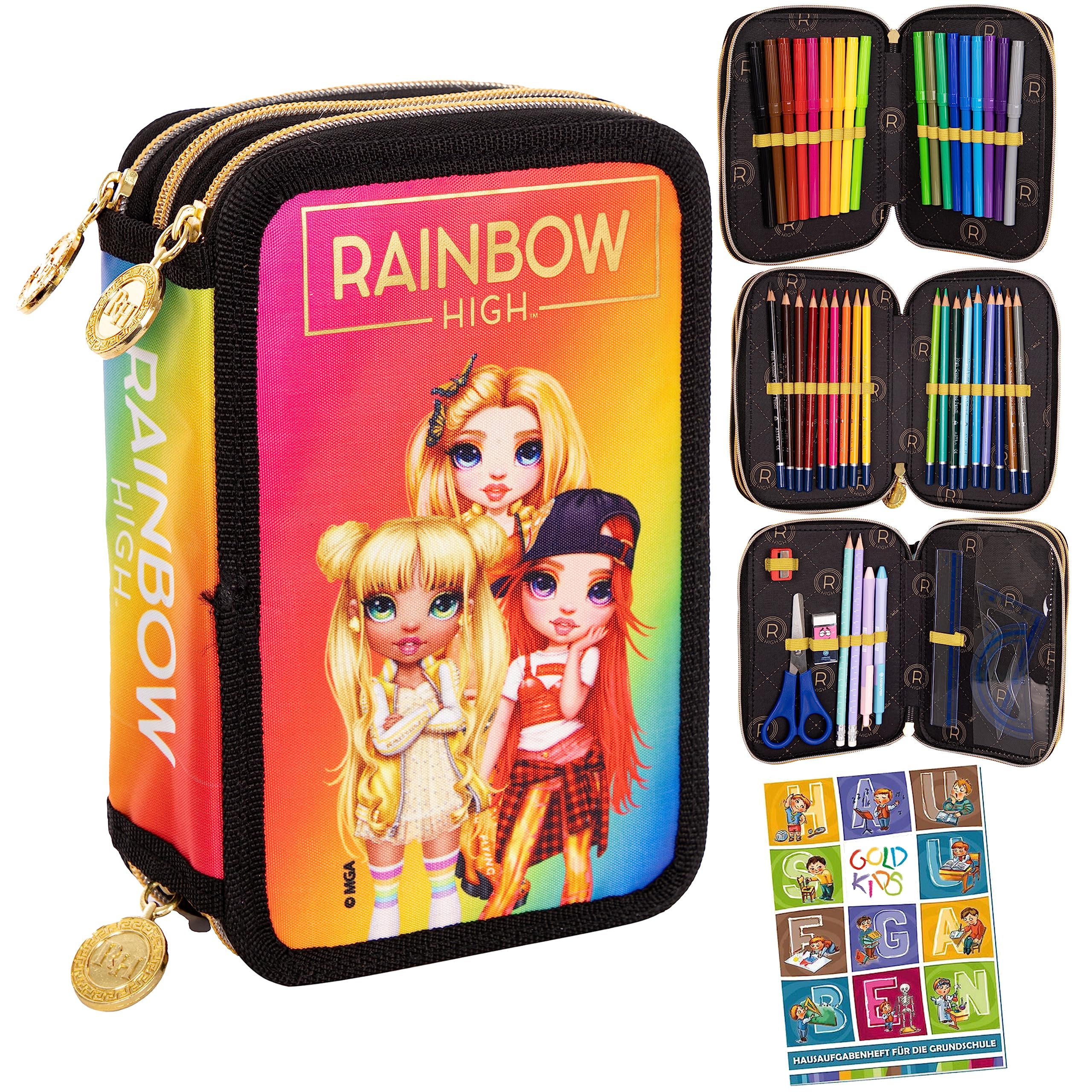 Goldkids - Trousse à 3 compartiments - Trousse pour filles et garçons - Trousse à 3 compartiments - Trousse d'écolier remplie, Motif : 35, 20,5 x 13,5 x 7 cm, Trousse à crayons