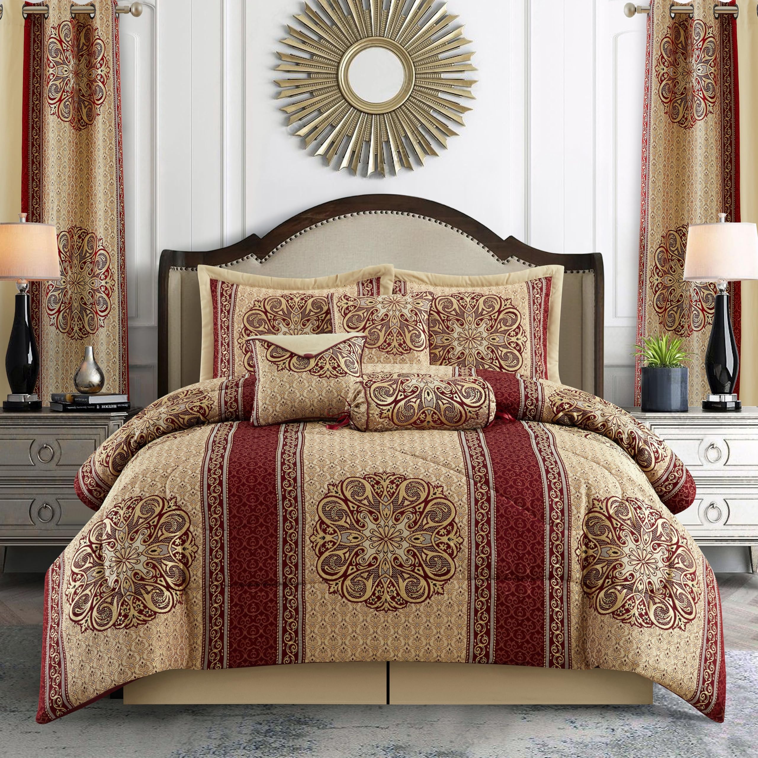 Stratford ParkMedallion 9 Piece Red and Gold Comforter Set, Queen Size Jacquard Bedding, All Season Bedding Set, Bed Skirt, Pillows & Shams, Curtains