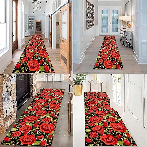 Miniatura 5 de Alfombra de pasillo con diseño floral de rosas, 2 x 10 pies, romántica con estampado de rosas rojas, alfombras de pasillo de gran área