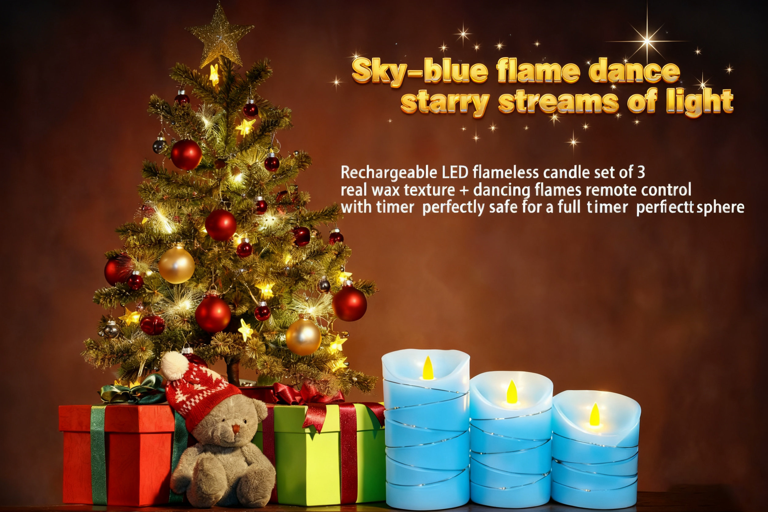 Image of Rechargeable LED Candles, Real Wax, 4 5 6 in, Sky Blue, 3 Pack | USB Rechargeable Real Wax Candles with Remote, Timer and Star Lights