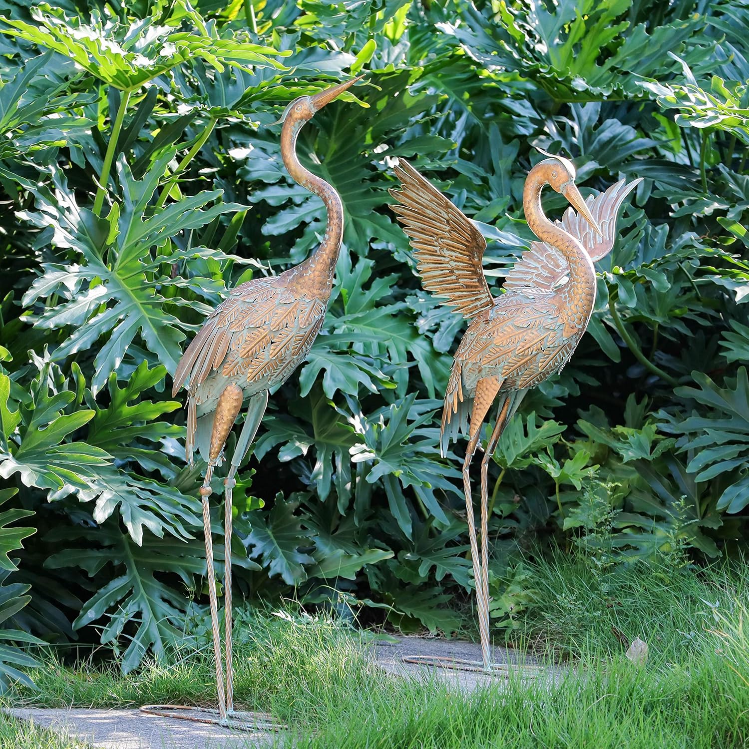 TERESA'S COLLECTIONS 33-39 inch Vintage Gold Metal Crane Garden Sculptures and Statues, Set of 2 Heron Garden Art Decor for Yard Porch Patio Lawn Outdoor Decorations : Patio, Lawn & Garden