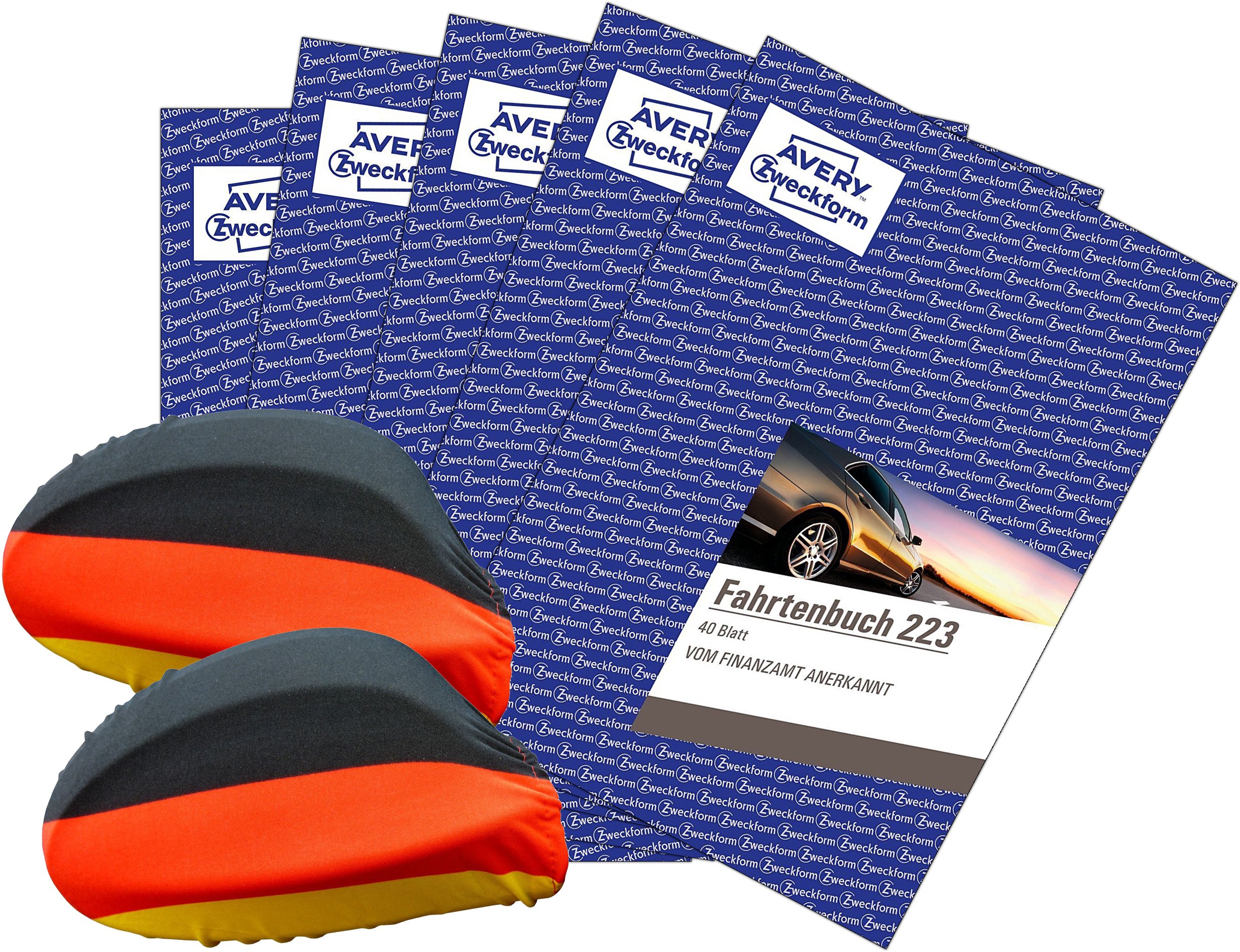 Avery Zweckform 223 Fahrtenbuch für PKW (A5, 40 Blatt) weiß 5 Stück [ WM Fan Set ] inklusive 2 Deutschland-Fahnen für Autospiegel (außen)