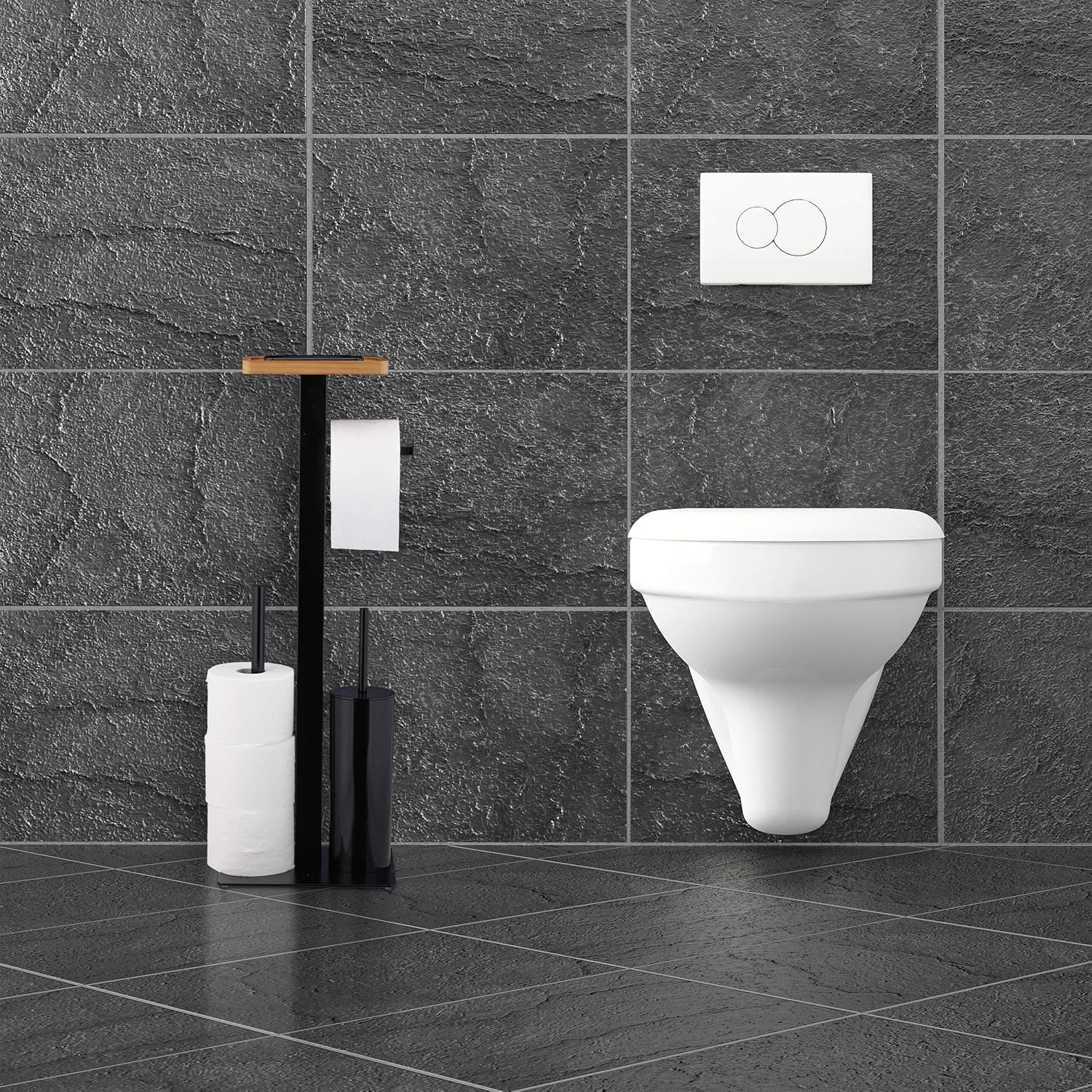 relaxdays Toilet Brush and Paper Holder, Modern Design, with Portable Holder, HLP 73 x 25 x 20 cm, Black, 1 Piece