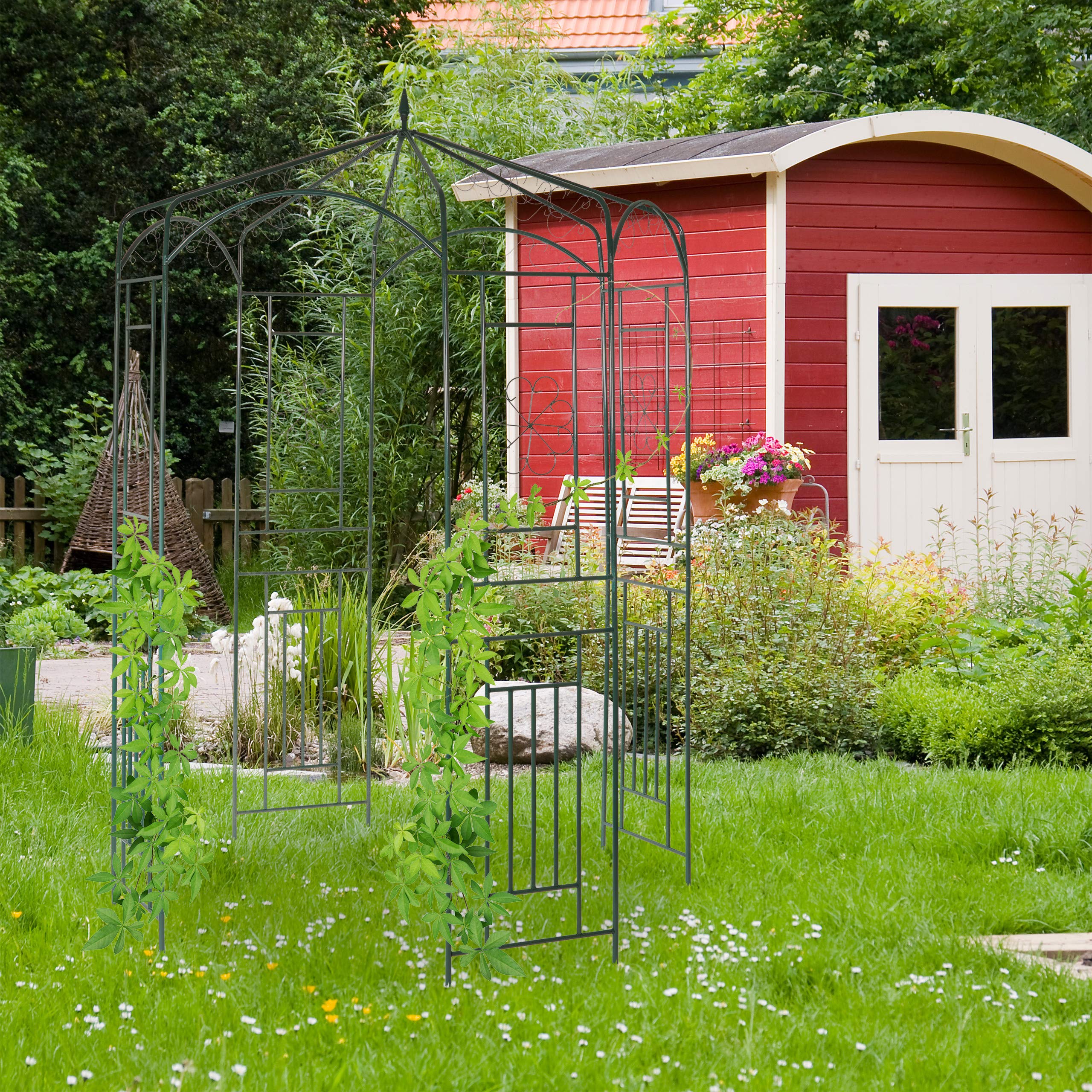 Relaxdays Rosenpavillon Metall, Rankhilfe für Kletterpflanzen, Garten, dekorativer Rankpavillon, HBT 250x160x160cm, grün, Dunkelgrün