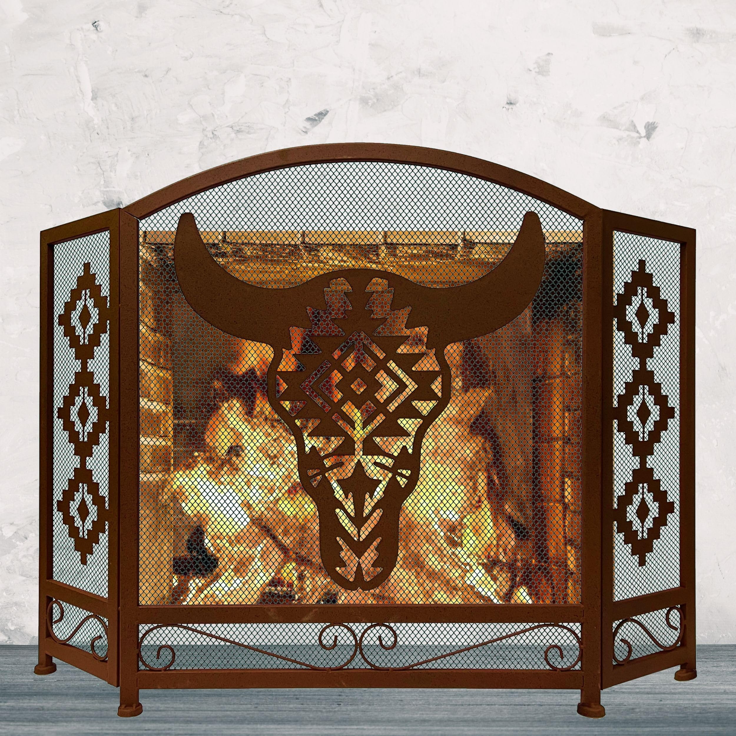 Three-Panel Foldable Fireplace Screen with Southwest Tribal Bull Skull Design-Free Standing Functional Spark Guard for Cabin, Ranch Native American Style - Firebacks Metal Screen Mesh Decorative Cover