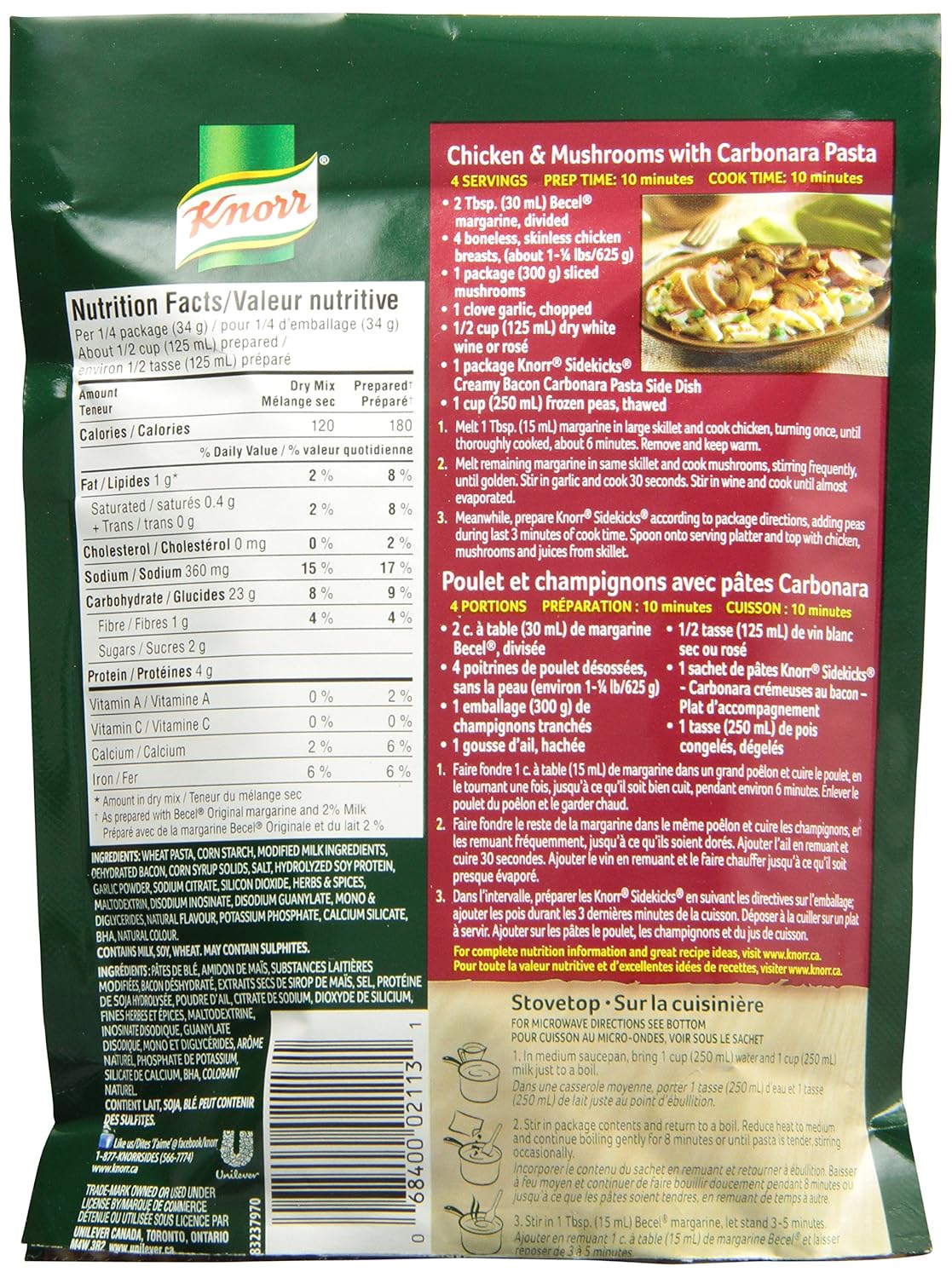 Knorr Sidekicks Cream Bacon Carbonara Pasta,{Imported from Canada}, 4.72 Ounce (Pack of 8)