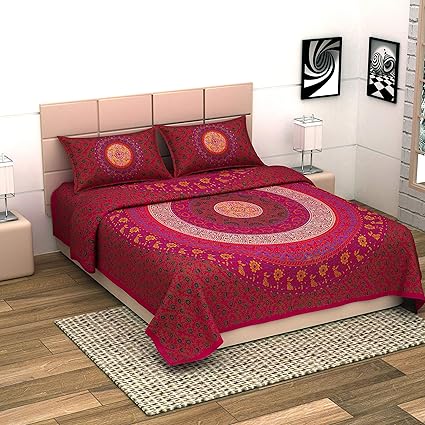 INSTA CRAFT 250 TC Cotton Multicolor Double King Bedsheet with 2 Pillows Set Floral and Bird Printed Jaipuri Bedsheets with 2 Pillows Set,100% Cotton Fabric Soft , 86X107 INCH (6 Colour RED)