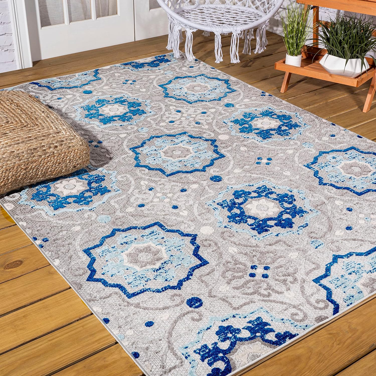 Eyely CMA101A-9 Amalfi Coast Mediterranean Medallion Indoor/Outdoor Area Rug Bohemian;Casual;Coastal, Bedroom, Kitchen, Backyard, Patio, Easy-Cleaning, Non-Shedding, 9 X 12, Blue/Gray